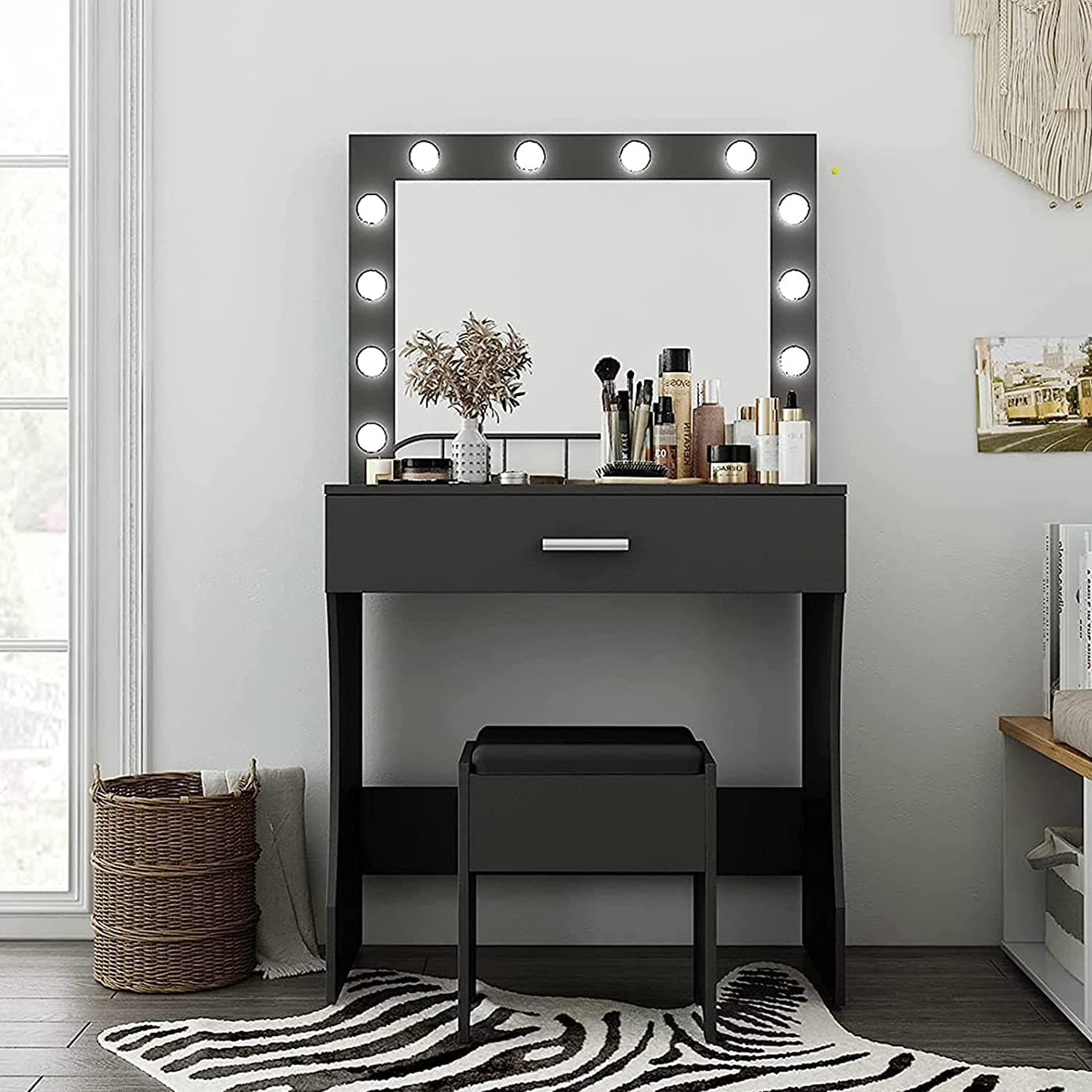 Vanity Desk, Makeup Vanity with Mirror and Lights, Adjustable Brightness and Sturdy Wood Vanity Large Drawer, 31.5in, Black