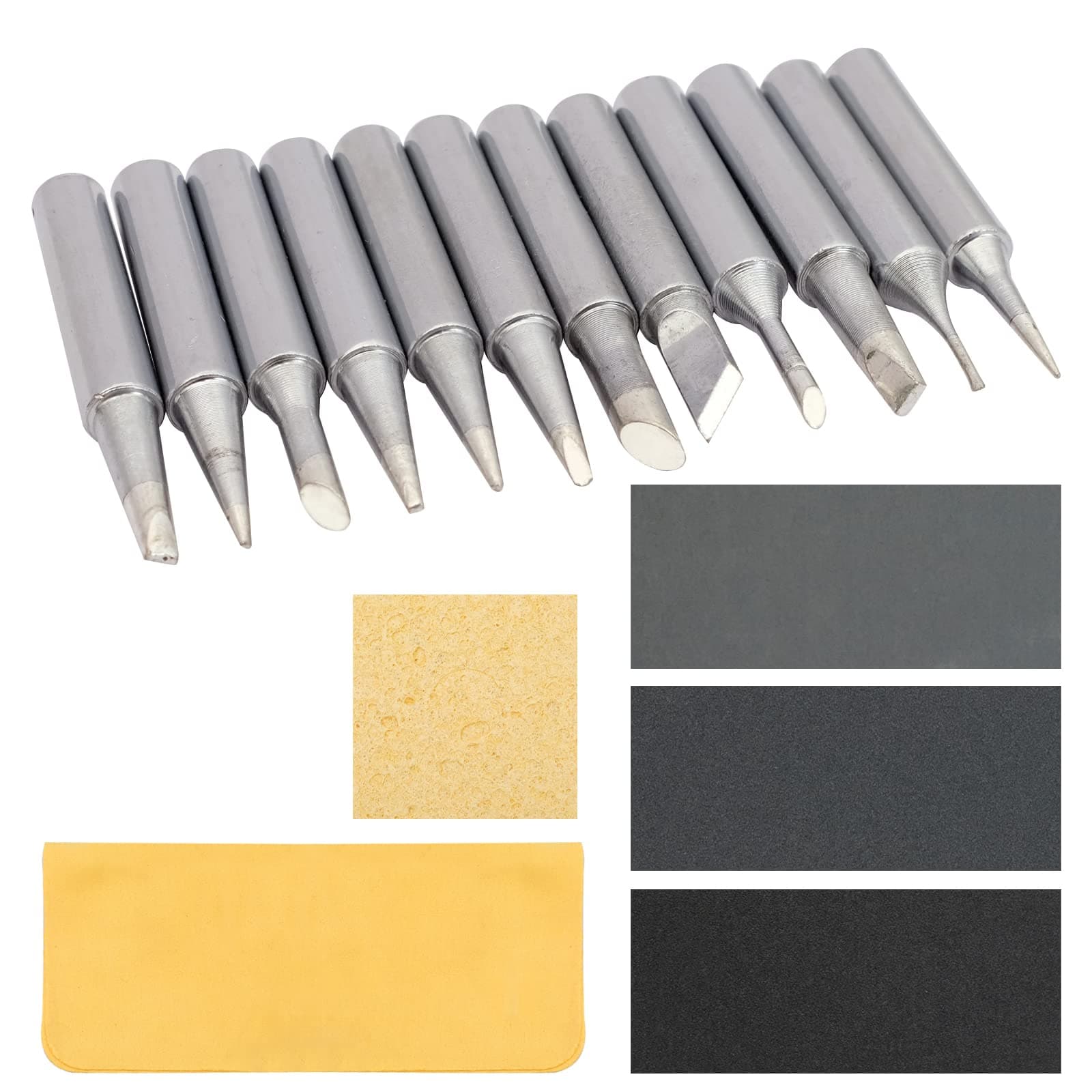 12PCS Soldering Iron Tips 900M Replacement Solder Tips Kit with Cleaning Sponge, Cloth, Sandpaper (Fine, Medium, Rough) for Soldering Iron Solder Station