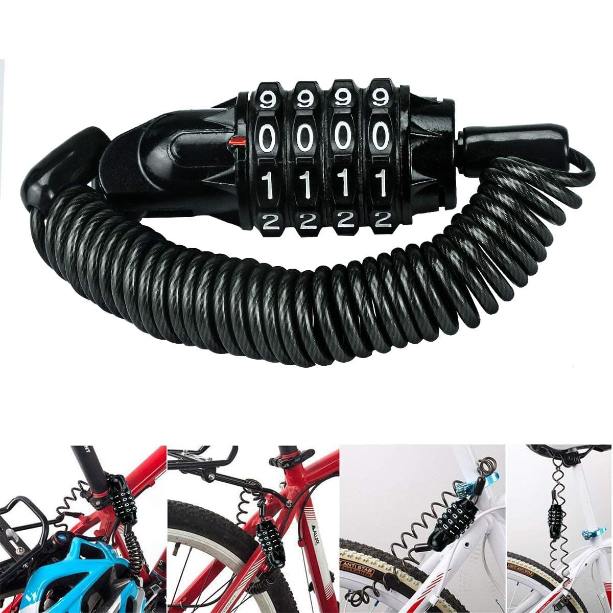 Allnice Bike Lock Cable Mini Cycling Combination Bicycle Cable Lock Portable Anti-Theft Resettable 4 Digit for Travel Luggage Locks Helmet Lock