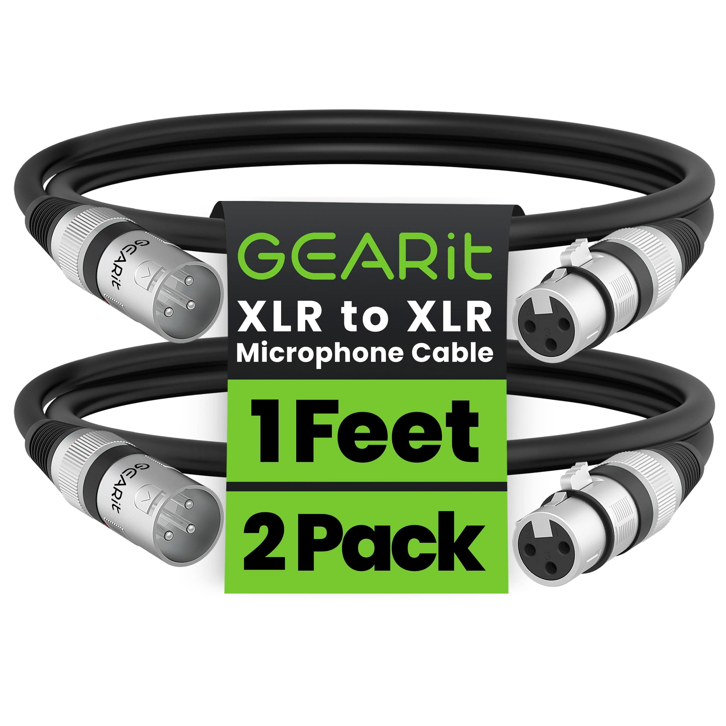GearIT XLR Microphone Cable (1.5 Feet, 2 Pack) - Male to Female 3-Pin Balanced Shielded Mic Cable for Mixer, Recording Studio, Podcast - Black