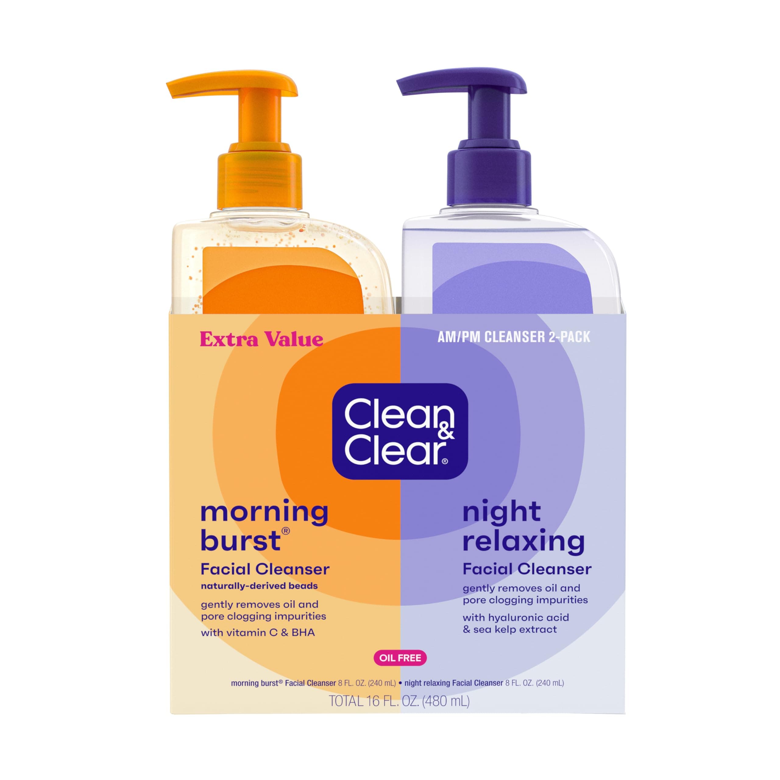 2-Pack Day and Night Face Cleanser Citrus Morning Burst Facial Cleanser with Vitamin C and Cucumber, Relaxing Night Facial Cleanser with Sea Minerals, Oil Free & Hypoallergenic Face Wash