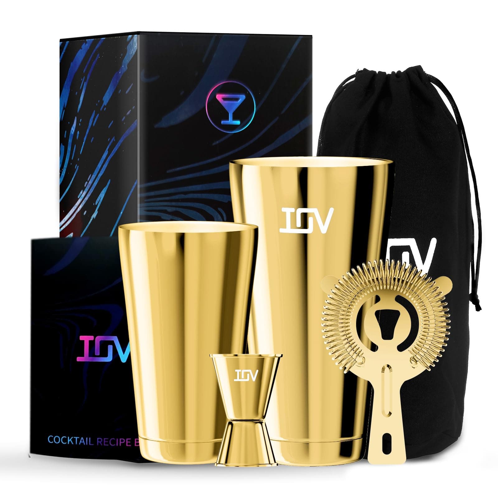 IOV Boston Cocktail Shaker Bar Set, Bartender Kit Drink Mixer Set with 18 oz & 28 oz Boston Shakers, Hawthorne Strainer, Double Jigger, Bar Tool Kit and Recipe Booklet - Gold