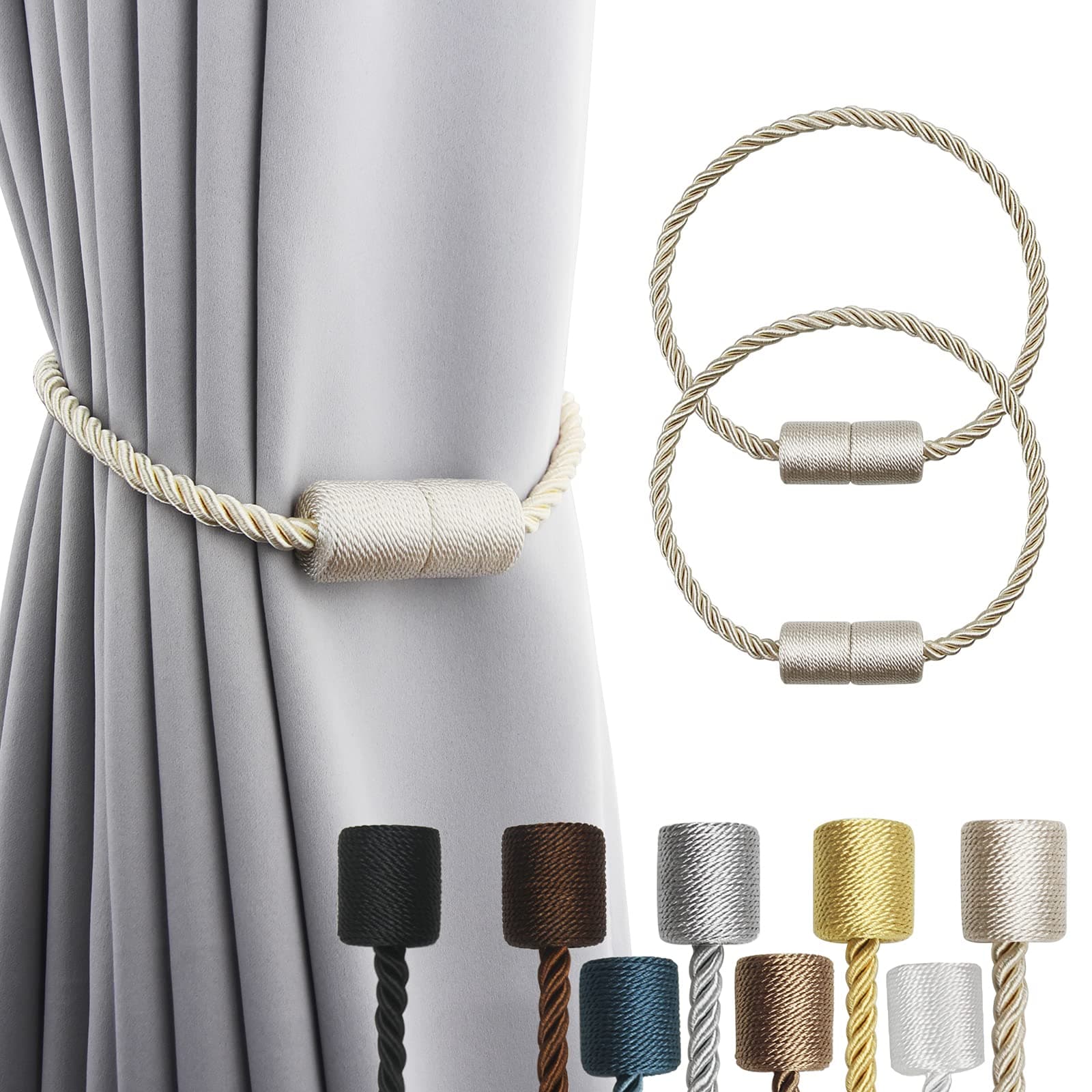 2 Pack Beige Strong Magnetic Curtain Tiebacks Outdoor Elegant Decorative Tie Backs Modern Rope Tiebacks for Drapes Window Curtain Holdbacks for Draperies