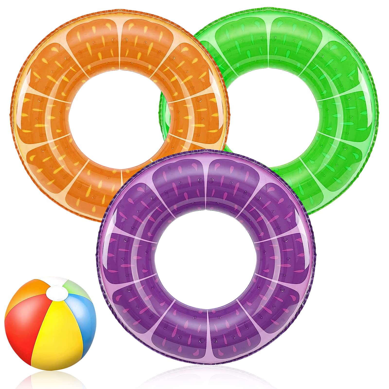 – Pool Inflatables Swimming Rings, 3 Pack Rubber Rings for Kids and Adults Inflatable Pool Floats Fruit Swim Ring for Pool Beach Lake, With a 16 Inch Beach Ball