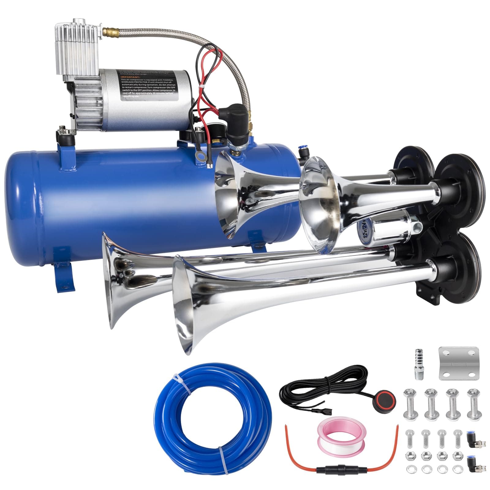 180db Train Horn Kit with 150 PSI Air Tank, Four Trumpet Air horns for Truck, Jeep, Pickup, SUV with 1.6 Gallon Air Compressor Can (Silver truck horn kit)