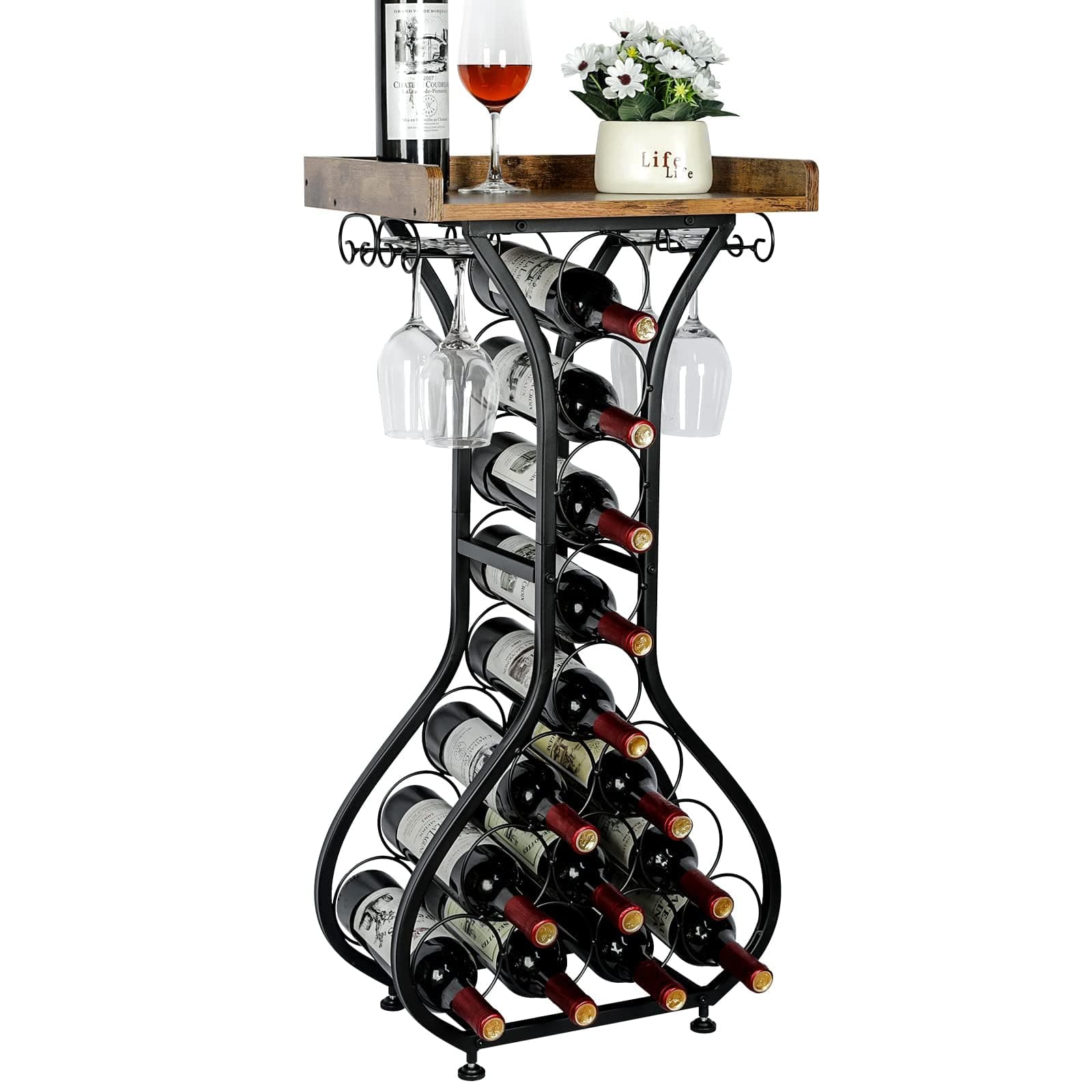 X-cosrack Wine Rack Freestanding Floor, Mini Bar Table Wine Holder Stand Liquor Cabinet with Glass Holder Wood Tabletop 14 Bottles Floor Wine Storage for Home Bar Kitchen Living Room