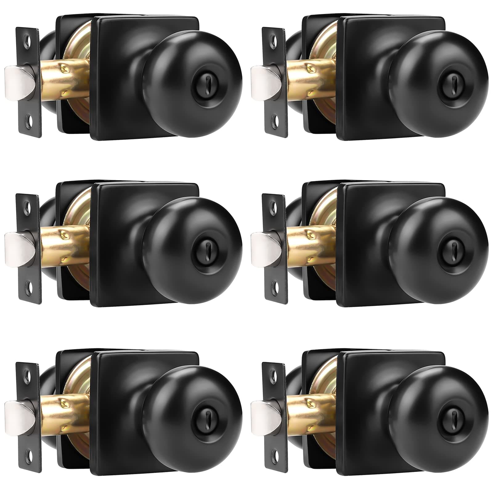 GOBEKOR 6 Pack Matte Black Door Knob Privacy Interior Round Privacy Door Knobs for Bed Bathroom Square Modern Door Knob with Lock