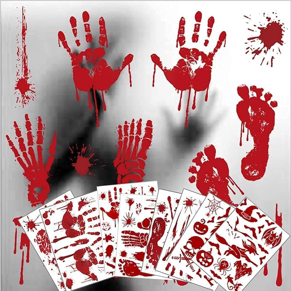 KOSIMI 8 Sheet Halloween Decorations Window Decals Wall Stickers, 95 Pcs Bloody Footprint Floor Clings, Horror Handprint Home Horror PVC Stickers Zombie Party Decorations Supplies