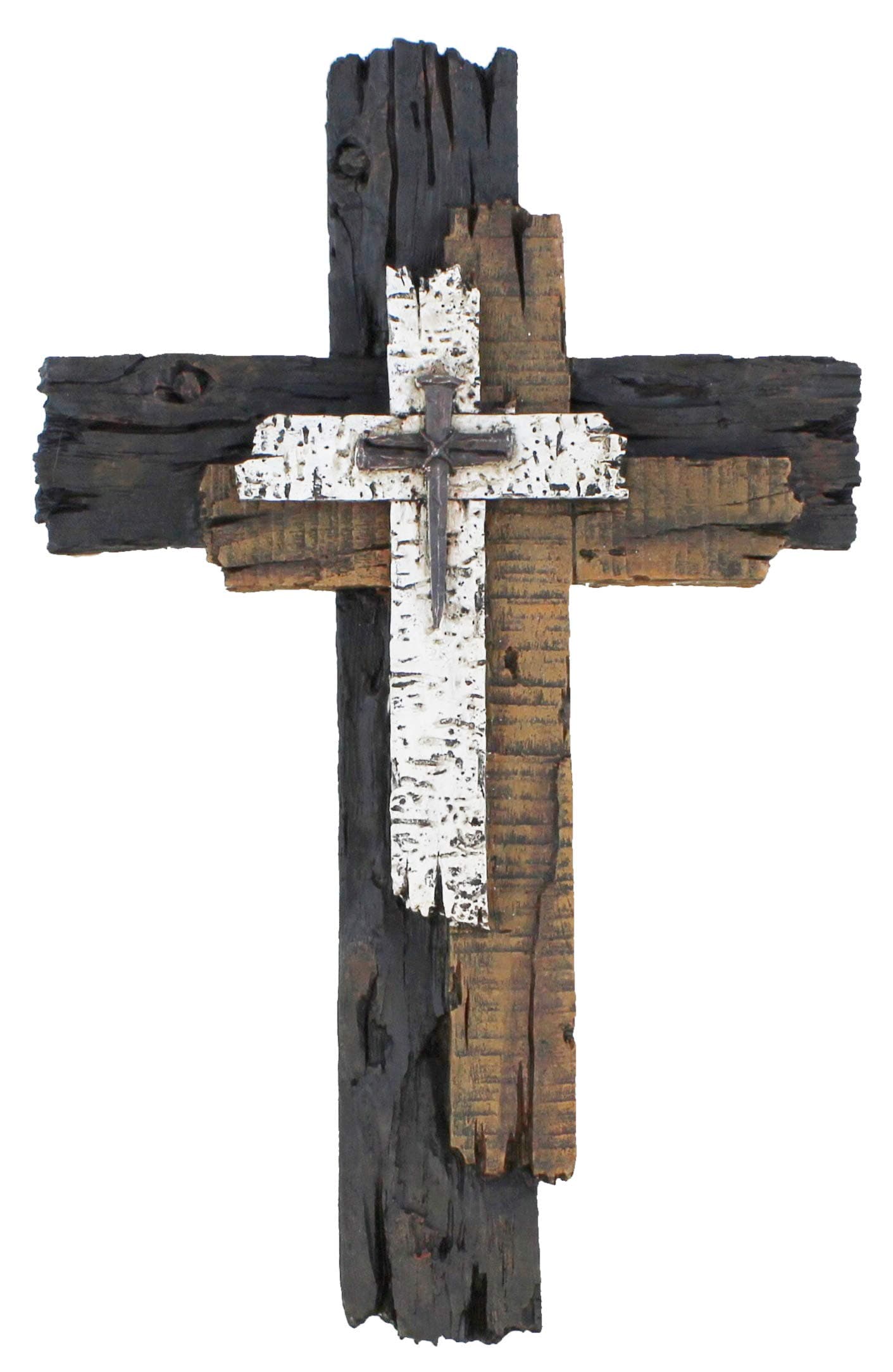 Top Brass Decorative Wall Cross - Rustic Multi Layered Weathered Wood Look Spiritual Art Sculpture