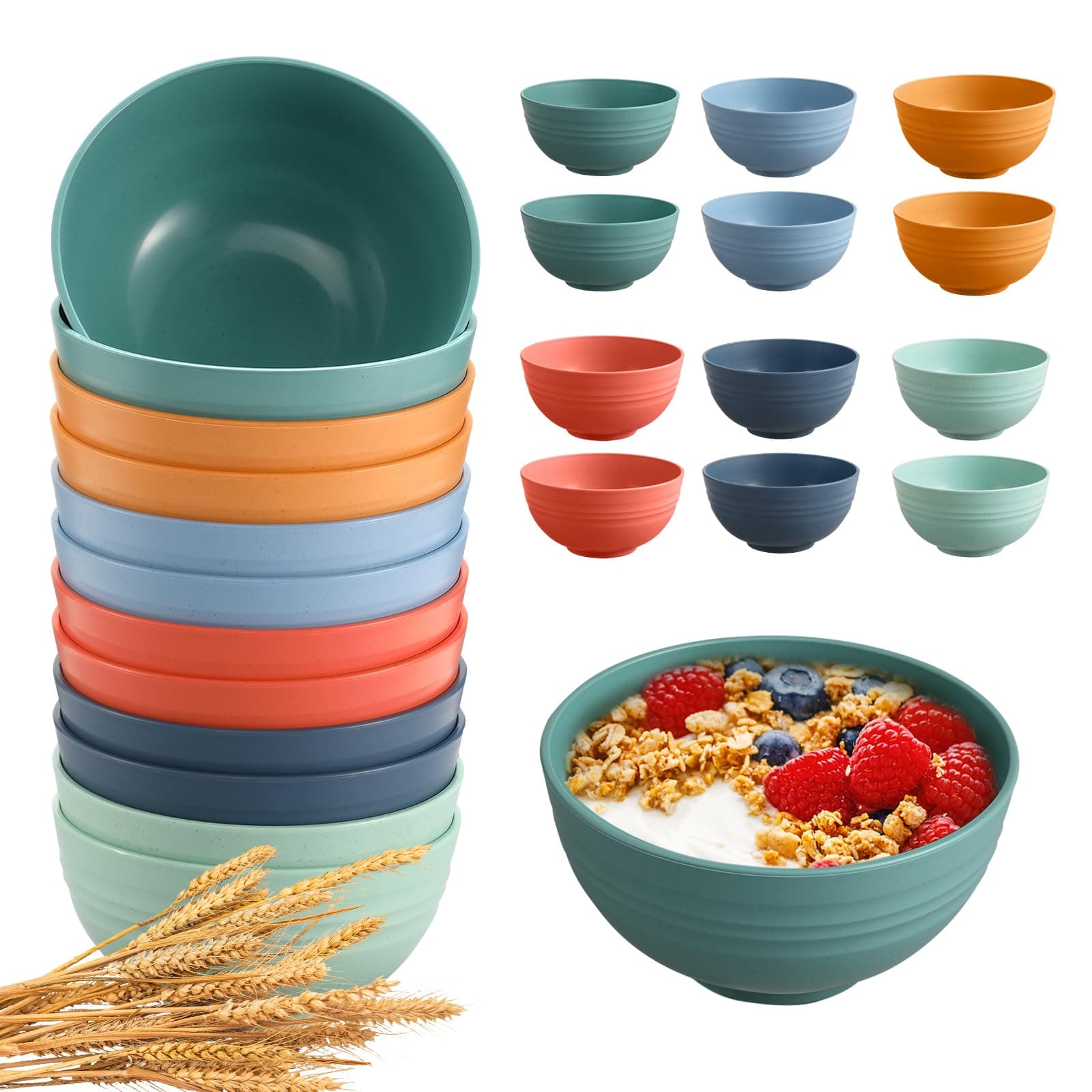 HEYCOME 12 Pcs Unbreakable Cereal Bowls Set, 26 Oz Wheat Straw Bowls Set, Microwave & Dishwasher Safe Rice Bowls for Kitchen, Reusable Plastic Bowls for Soup, Salad and Snack, BPA Free, Multicolor