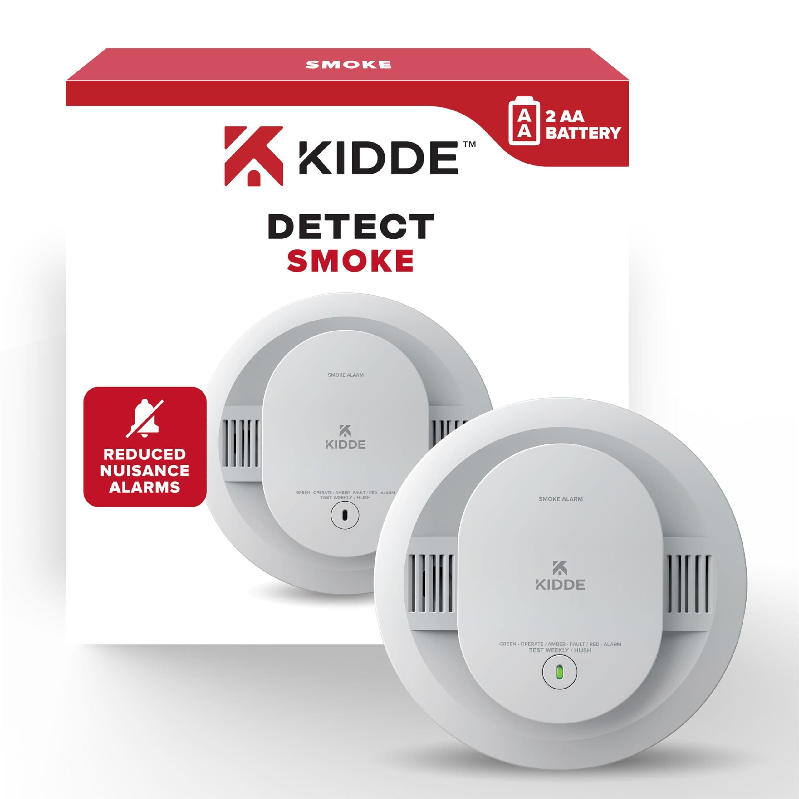 Kidde Smoke Detector, AA Battery Powered Smoke Alarm, LED Warning Light Indicators