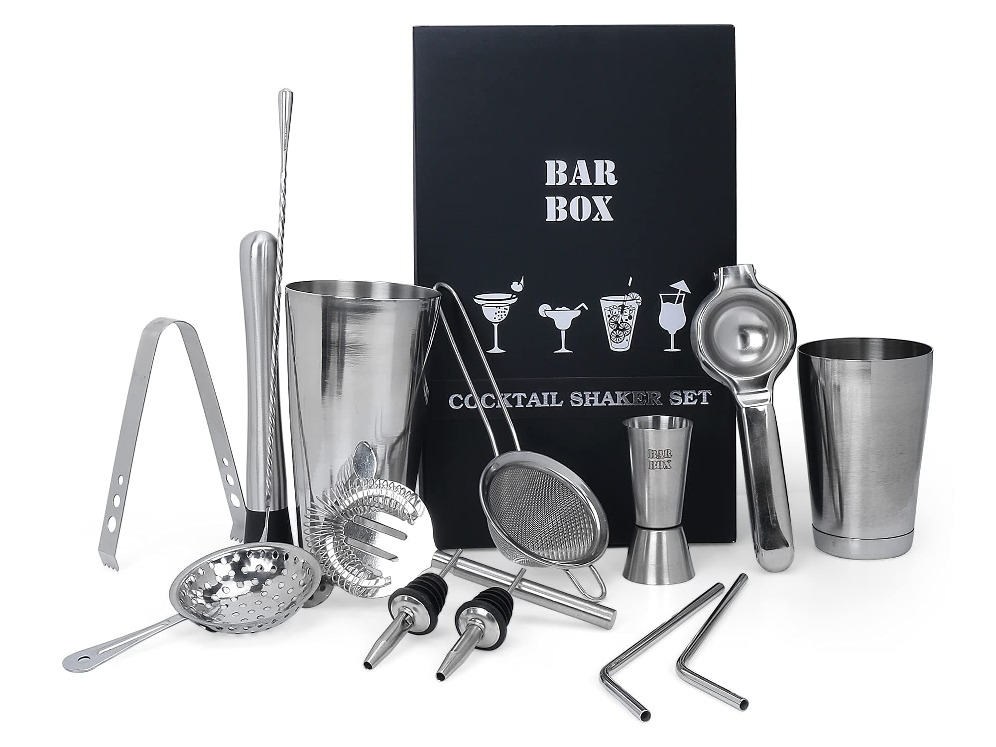 Bar Box 14 Pcs Cocktail Shaker Set, Bartending Kit, Cocktail Shaker Mixer Tools, Accessories for Drinks, Gift for Men, Whiskey Lovers, Dad, Wedding Couples, Birthday, Anniversary, Portable Drink Setup