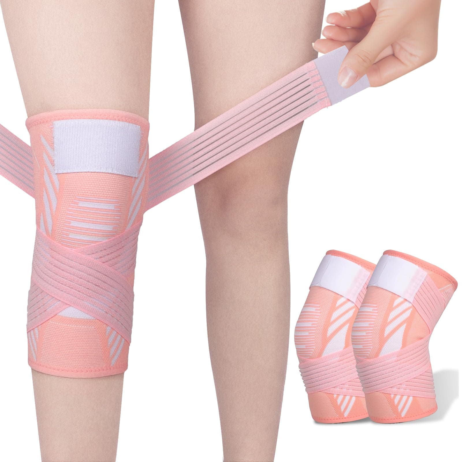 Knee Support Brace 2 Pack Compression Knee Sleeve with Straps for Women Men for Sports, Arthritis, Joint Pain, Ligament Injury, Meniscus Tear, ACL, MCL, Tendonitis (Pink, L)