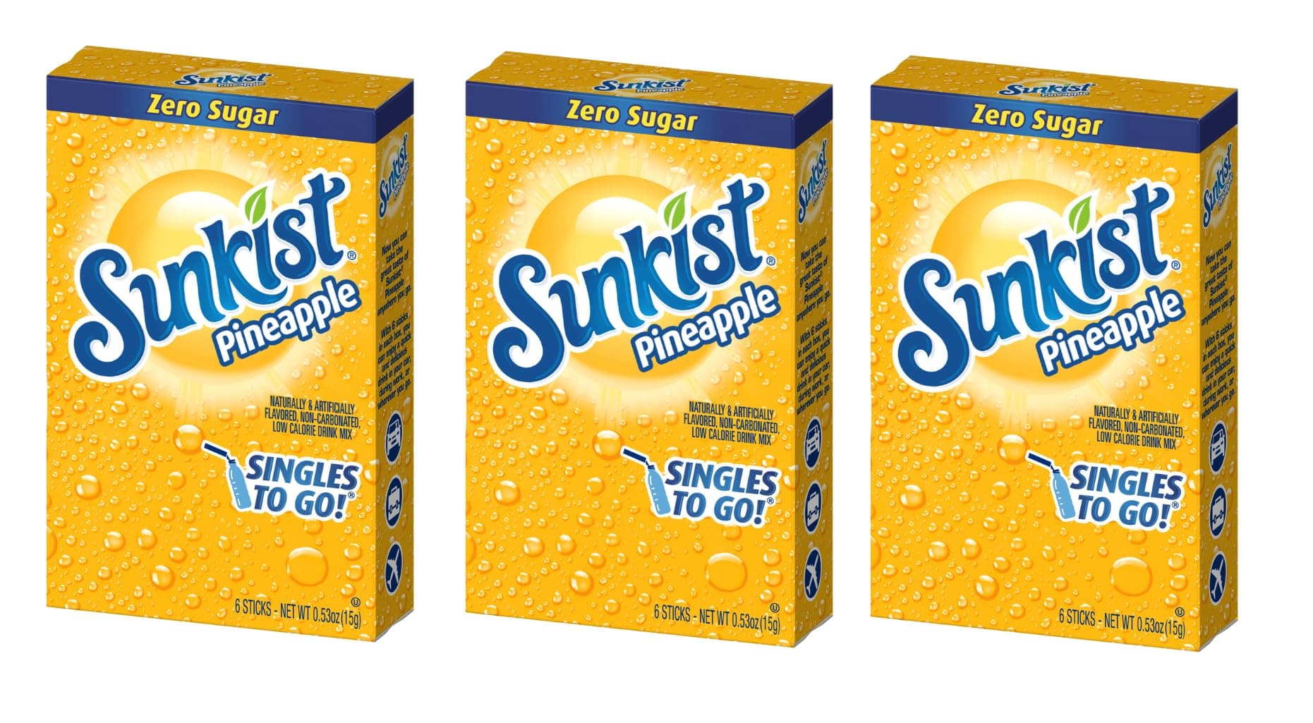 Sunkist Singles To Go Drink Mix Pineapple, 3 Boxes with 6 Packets Each -18Total Servings