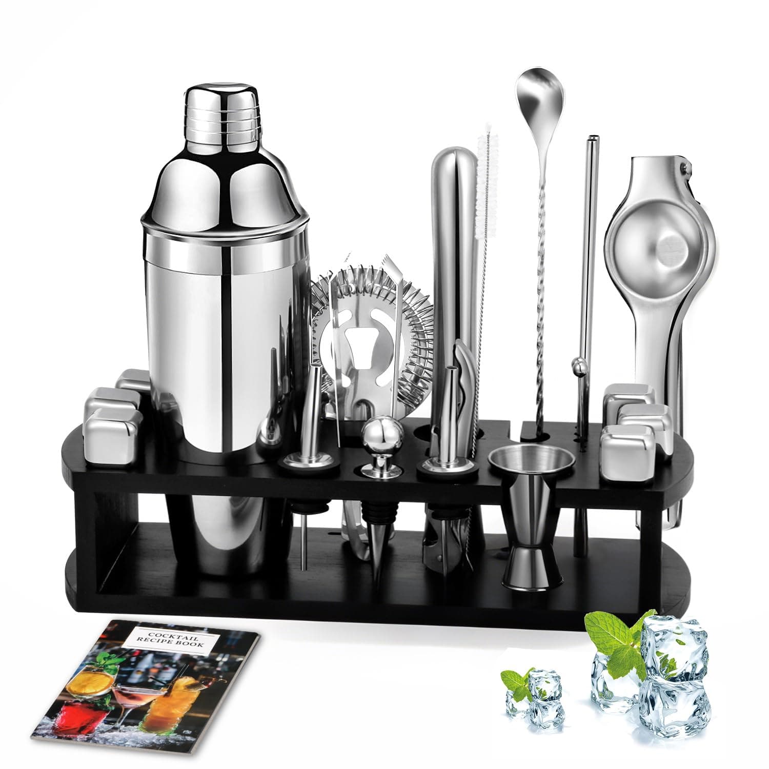Cocktail Shaker Set with Stand,23-Piece Bar Tool Set with Cocktail Recipes Booklet,Stainless Steel Bartender Kit Drink Mixer,Professional Bar Tools for Drink Mixing,Home,Party,Gift Idea(Silver)