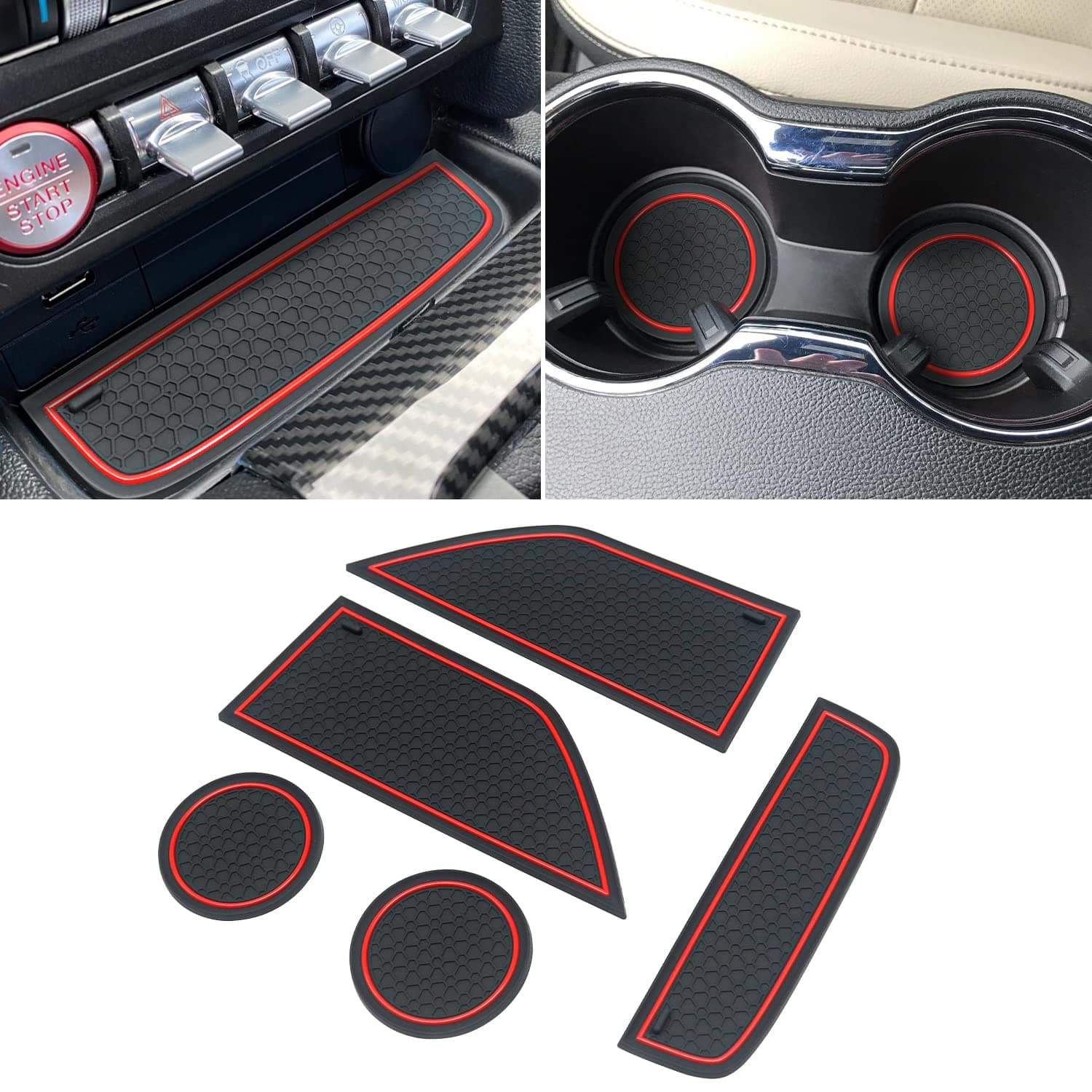 for Ford Mustang Accessories 2015-2023, Custom Fit Cup Holder Liners, Anti Dust Mats and Door Pockets Rubber Inserts Pad Mat Kit (Red