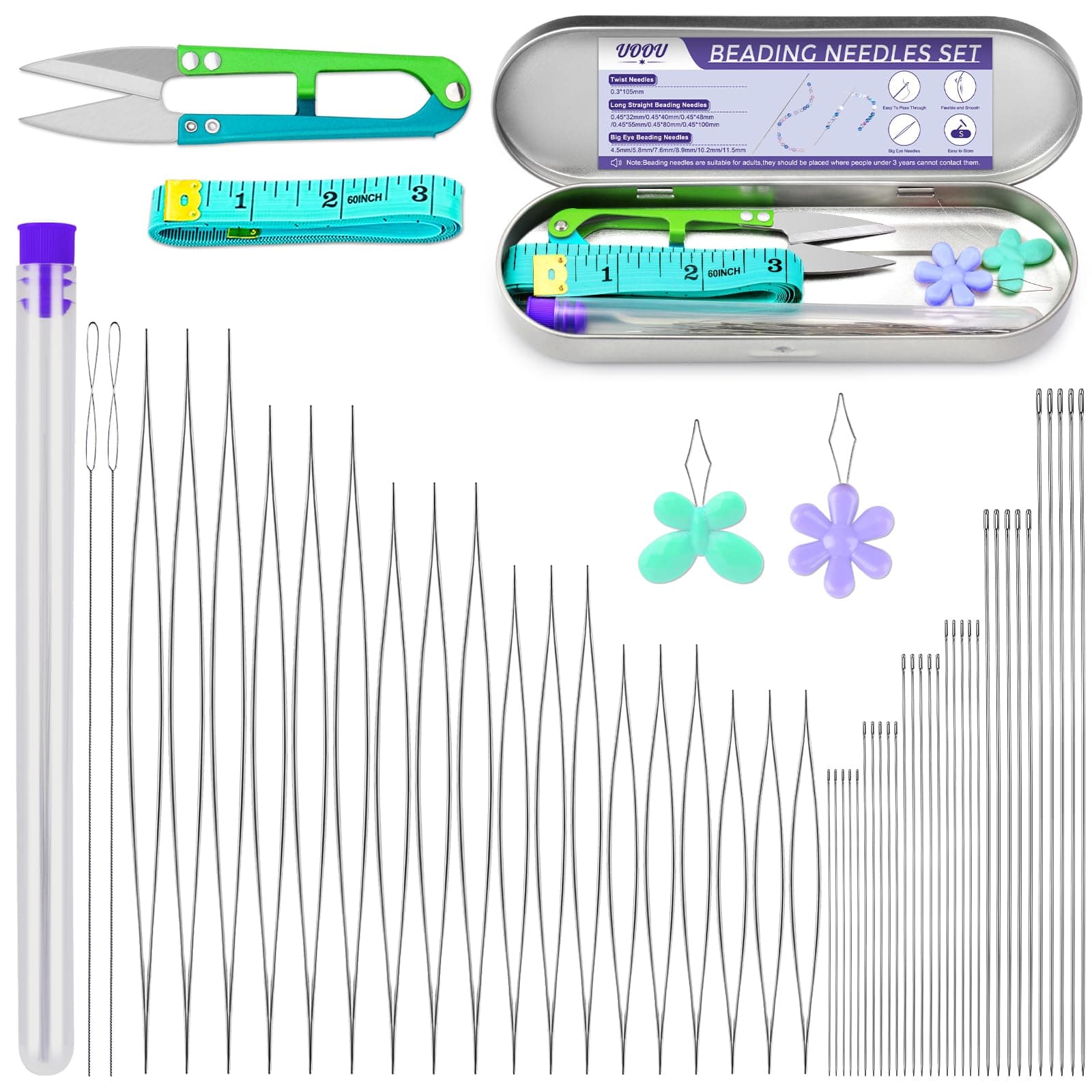 UOOU 86 Pcs Beading Needles Set,6 Sizes Big Eye Seed Bead Needles,Long Straight Beading Needles,Twist Beading Needles,Flexible Needle for Beads for Jewelry Making