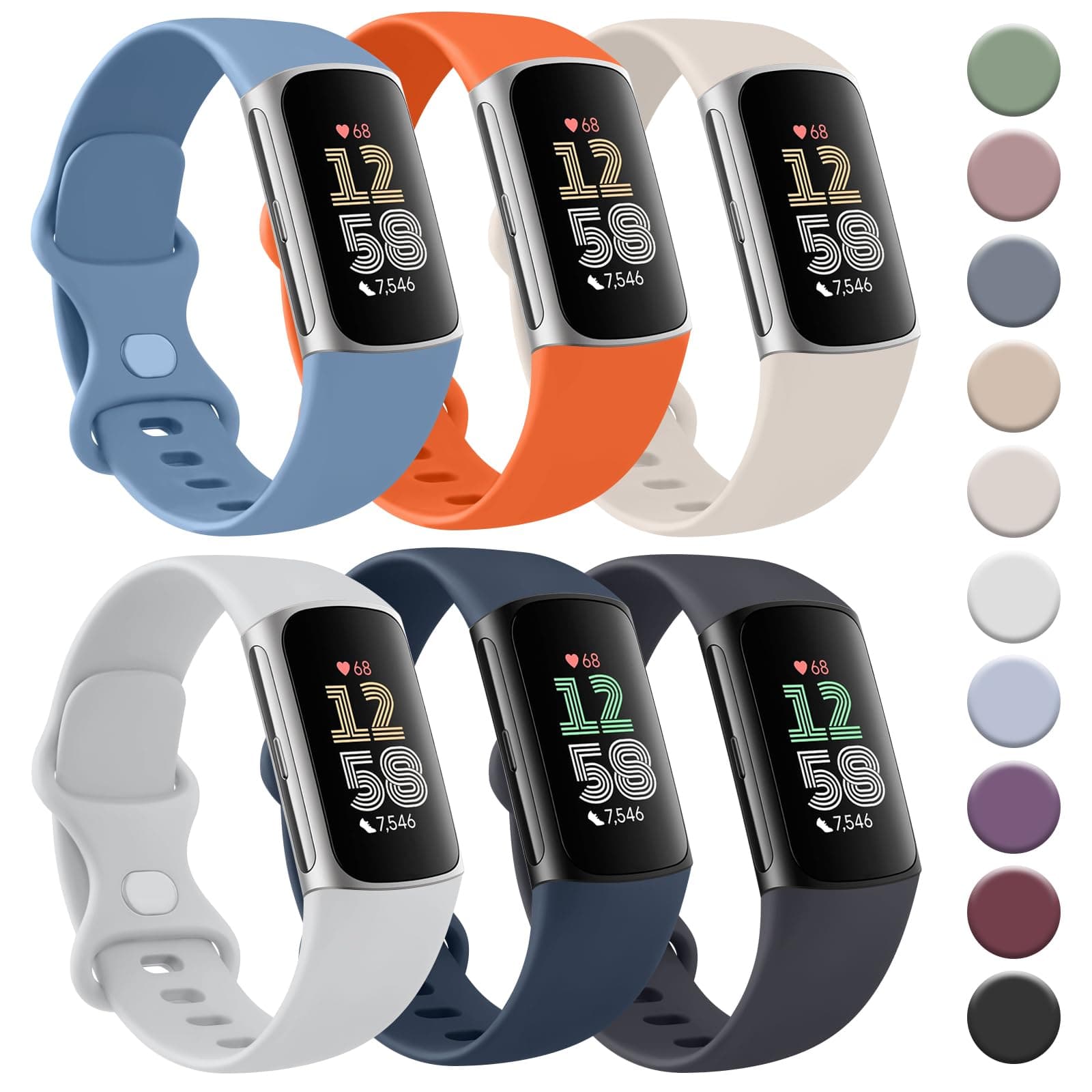 Tobfit 6 PACK Sport Bands Compatible with Fitbit Charge 6 / Fitbit Charge 5 Bands for Women Men, Soft Silicone Waterproof Straps Replacement Wristbands Compatible for Fitbit Charge 5 / Charge 6