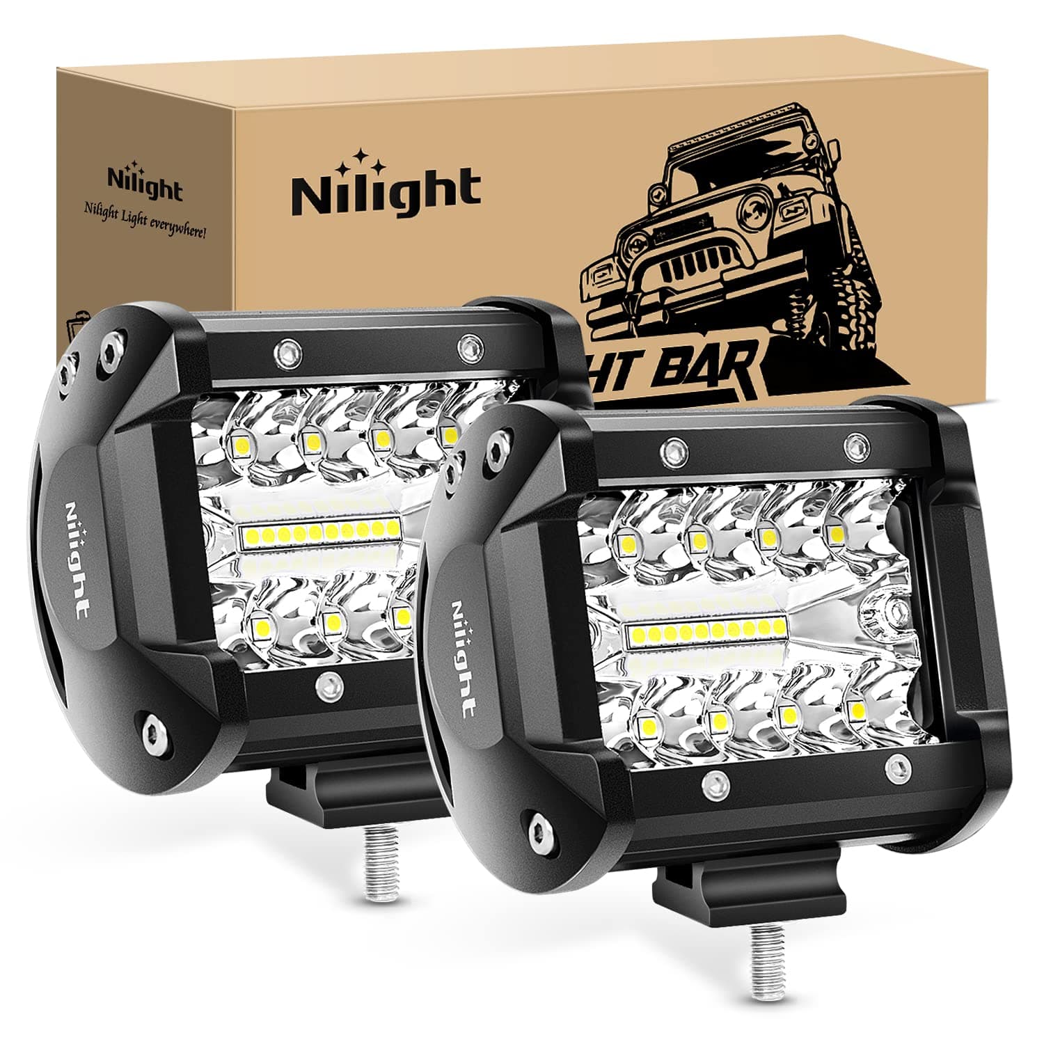 LED Light Bar Nilight 2pcs 4" 60W Spot & Flood Combo Driving Light Waterproof LED Work Light 3 Row Off Road Truck Car ATV SUV Jeep Cabin Boat
