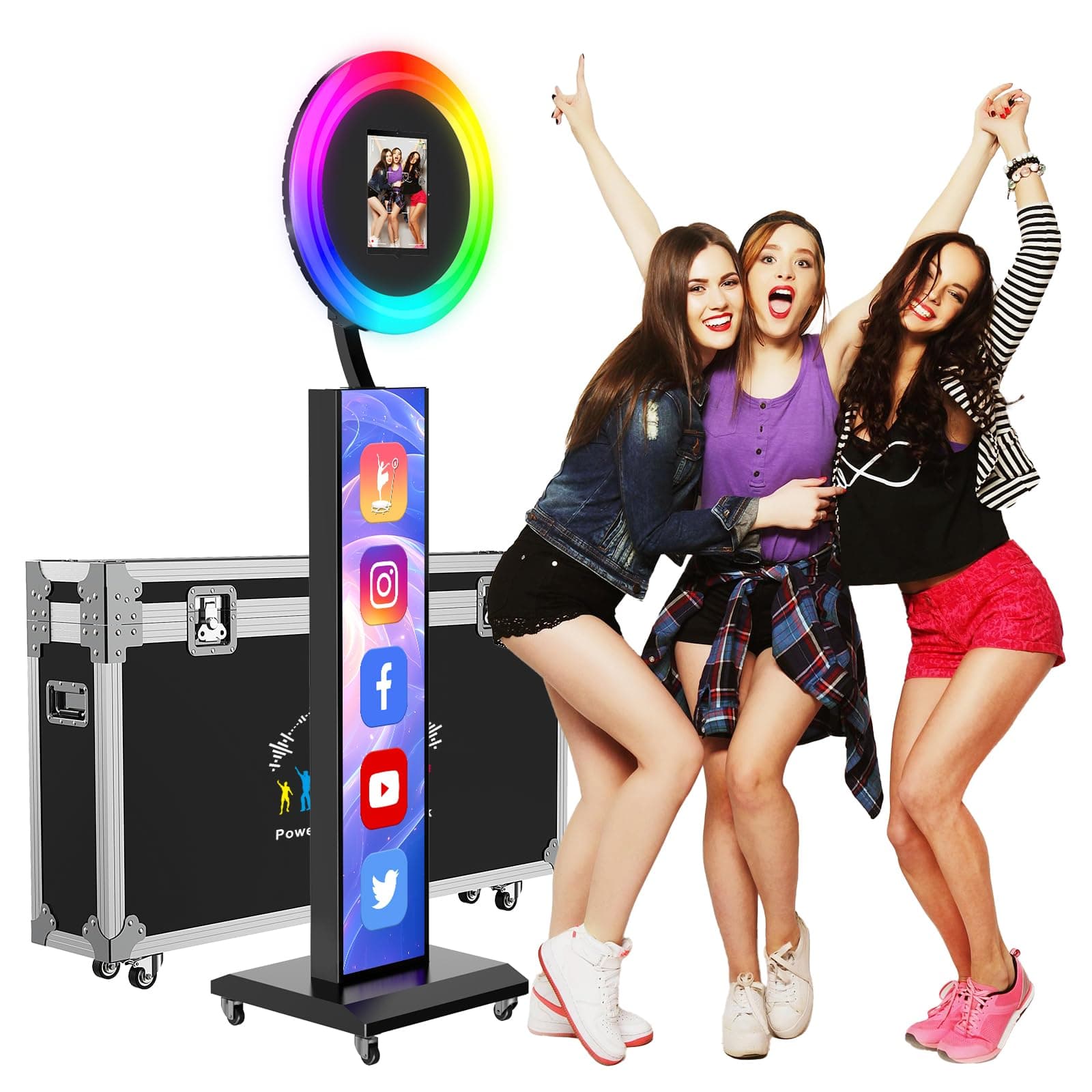 JIYANG Portable Photo Booth Stand Shell with Light Ring,Fits for Any Size iPad, Photo Booth Shell with Flight Case,Black Selfie Photo Booth with Chacktok Software Perfect for Wedding
