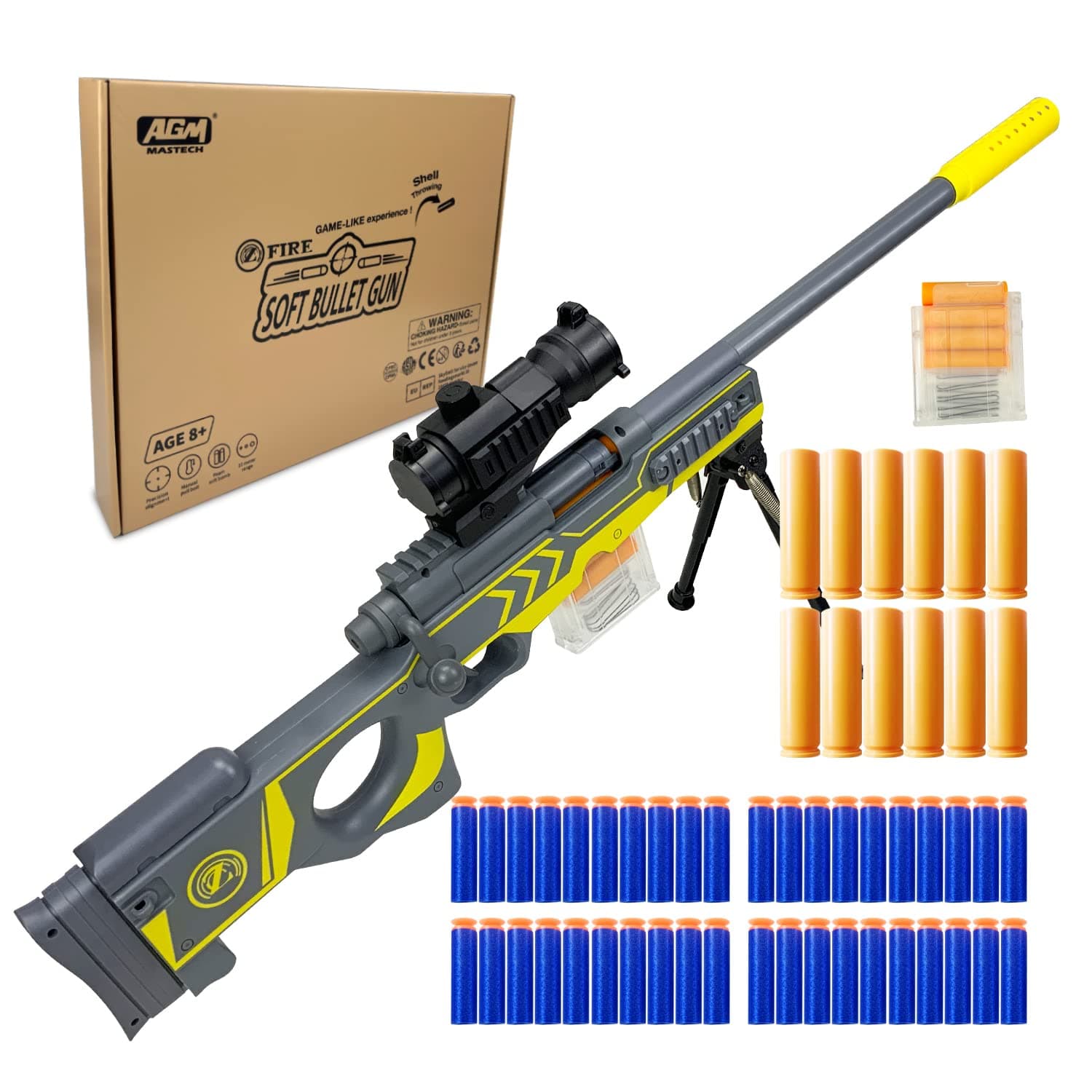 AGM MASTECH AWM Shell Toss Blaster Shotgun - 40 Refill Darts, 12 Shells, 2 Clip Magazines (4-Dart Reload) - Blaster Toy Play Set for Boys, Boys and Adults (Grey)