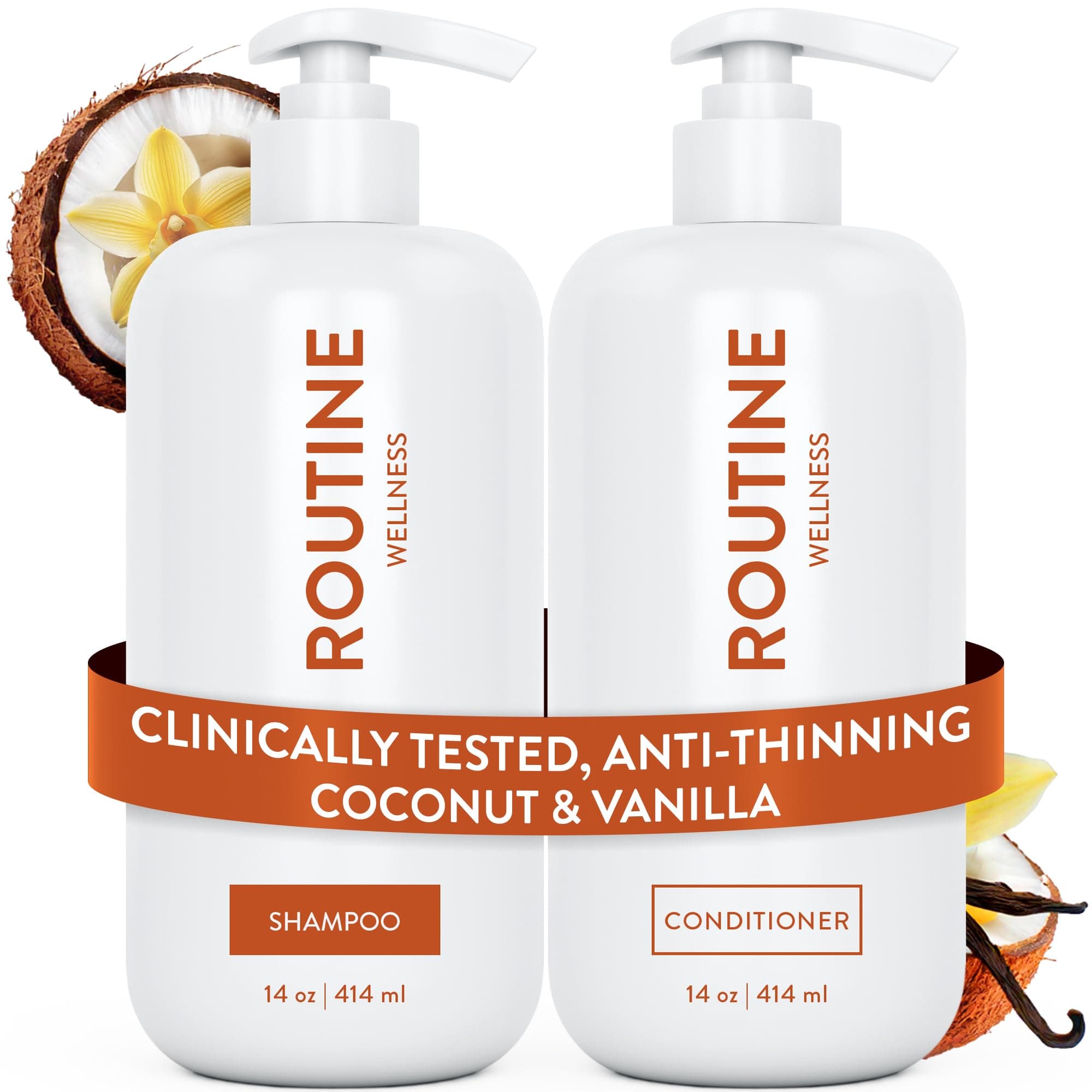 Routine Wellness Anti-Thinning Shampoo and Conditioner Set for Thinning Hair - Biotin DHT Blocker Women & Men - Color Safe Shampoo for Hair Loss & Healthier Hair - Coconut & Vanilla (Pack of 2)