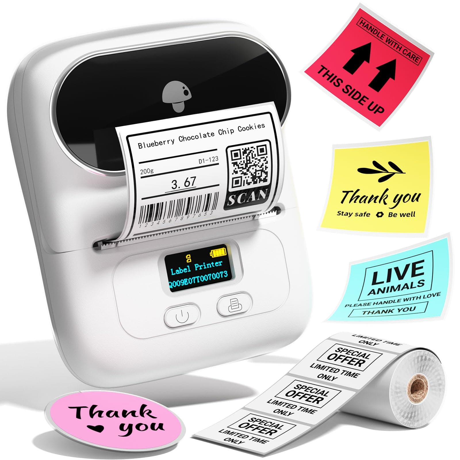 Memoqueen Label Maker Machine M110 Portable Thermal Label Printer with Screen for Storage, Shipping, Barcode, Home, Mini Sticker Printer for Arabic & English Multiple Templates with Label Paper, White