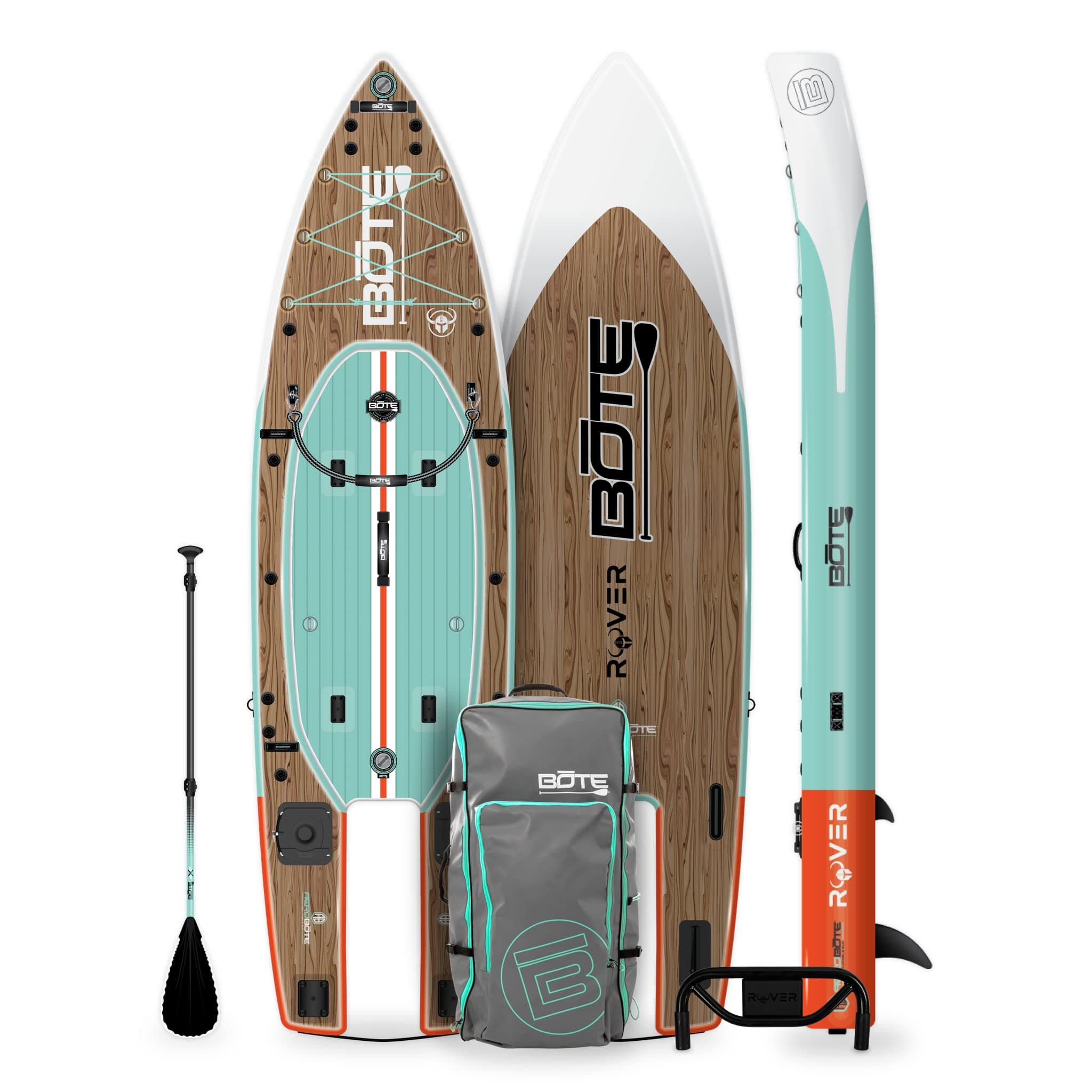 BOTE Rover Aero 12 FT 6 in Inflatable Micro Skiff, Blow up SUP for Adults Kids Family Friendly, APEX Pedal Drive & HP Motor Compatible in Classic Teak