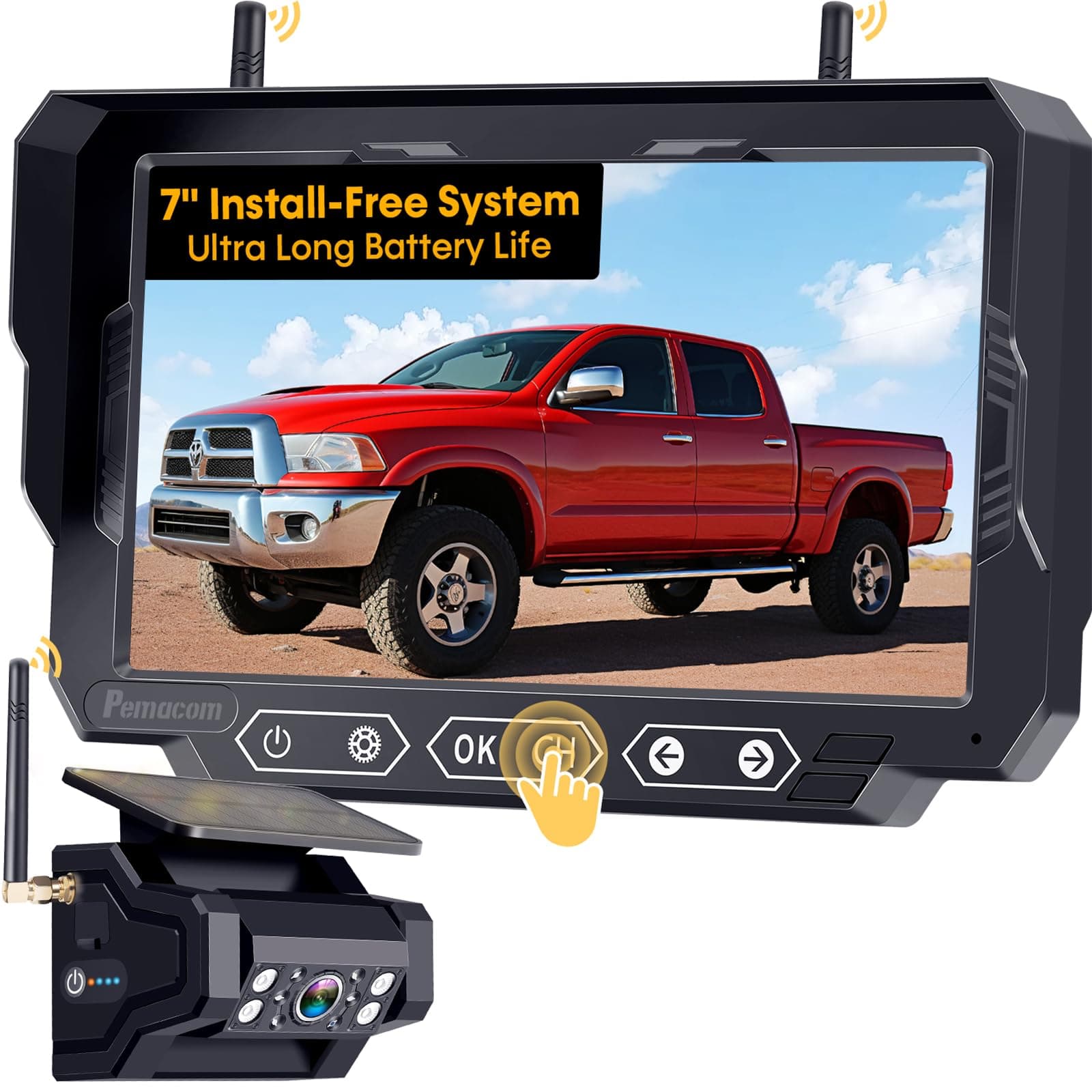 1080P HD Wireless Backup Camera: 1-Min Magnetic Easy Install No Wiring 7" Anti-Glare Monitor with Clear Night Vision - 24H Long Life Solar Scratch-Proof Rear View Camera for Truck Trailer SUV Small RV