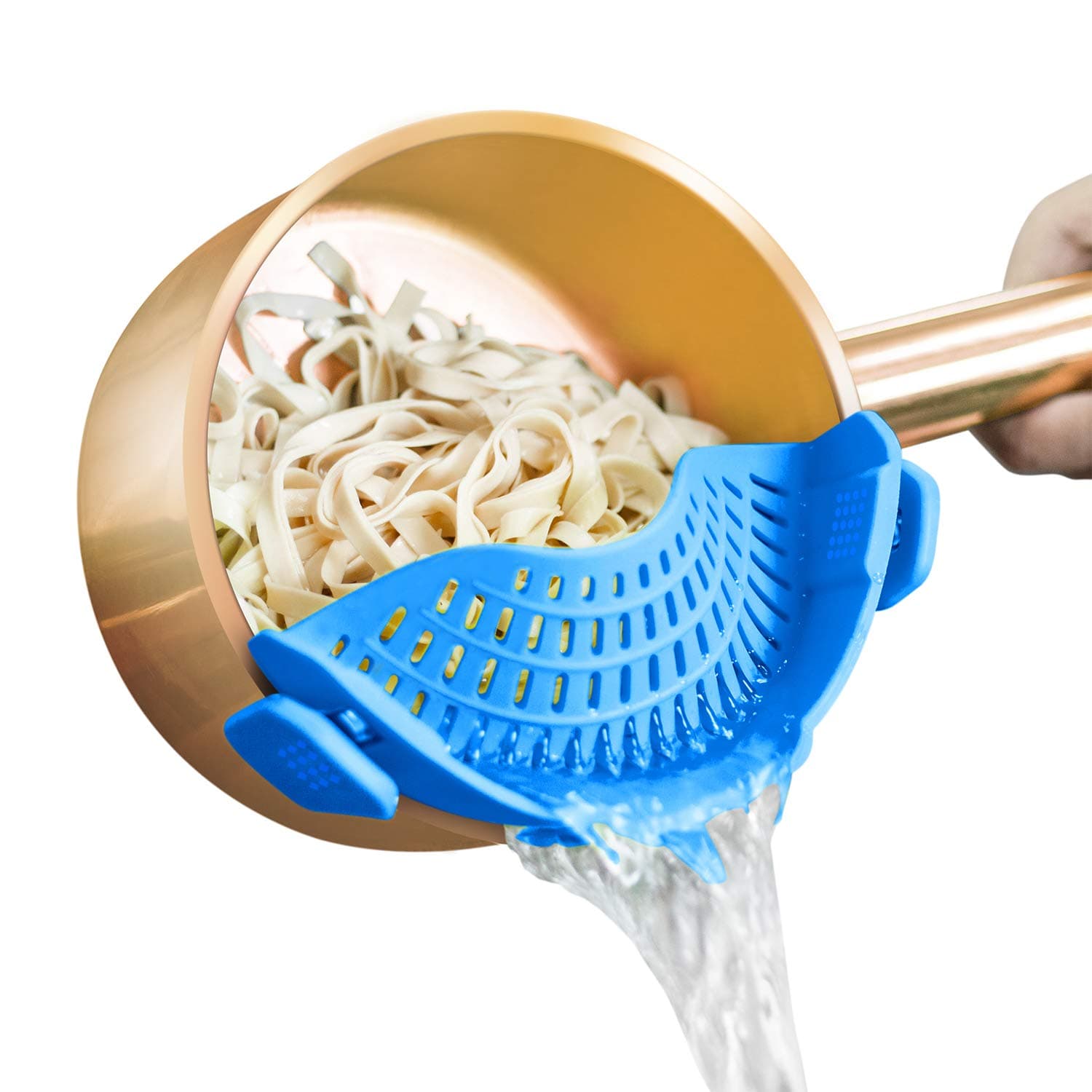 Auoon Strainer with 2 Clip for Veggies Pasta Ground Meat and More for Pots Pans Heat Resistant Silicone, Blue