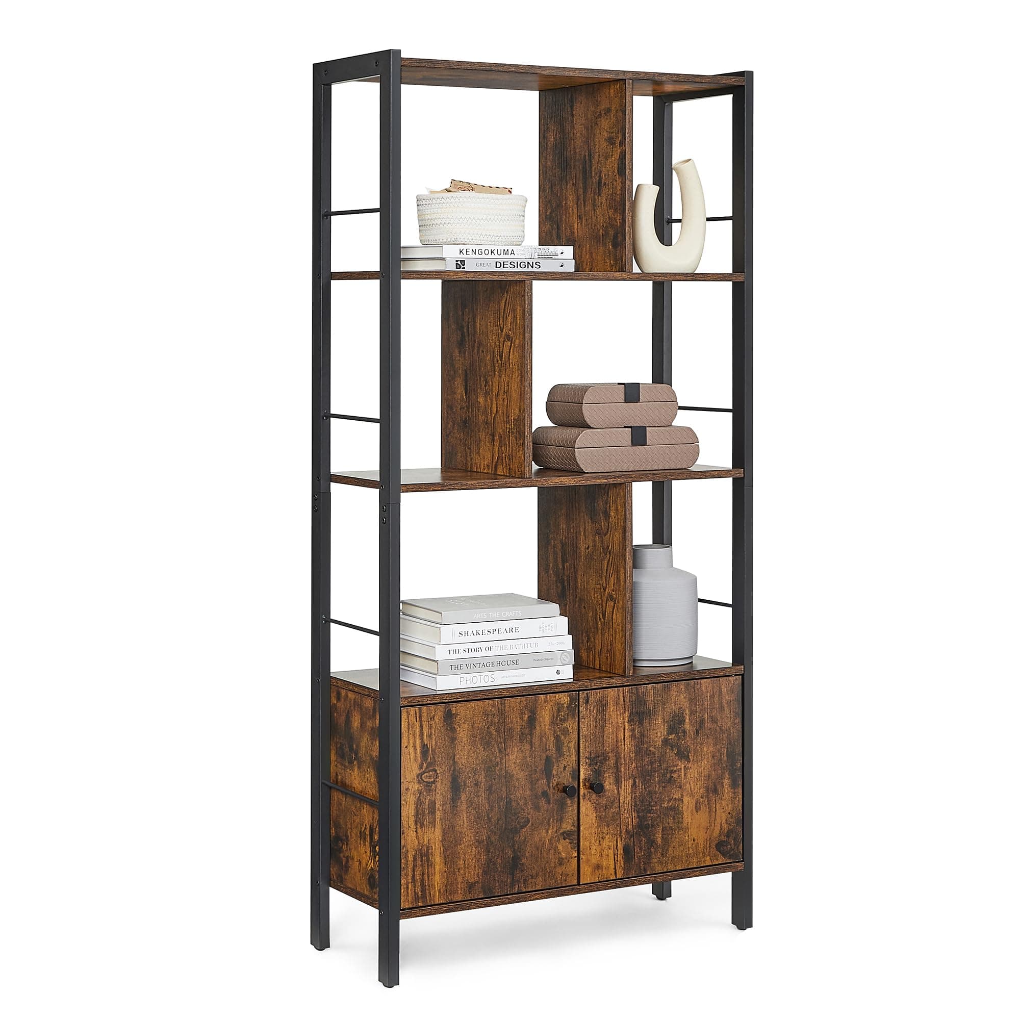 Bookshelf, Storage Shelf, Large Bookcase with Doors, 4 Shelves, Stable Steel Structure, Industrial Style, for Living Room, Office, Rustic Brown and Ink Black LBC022B01