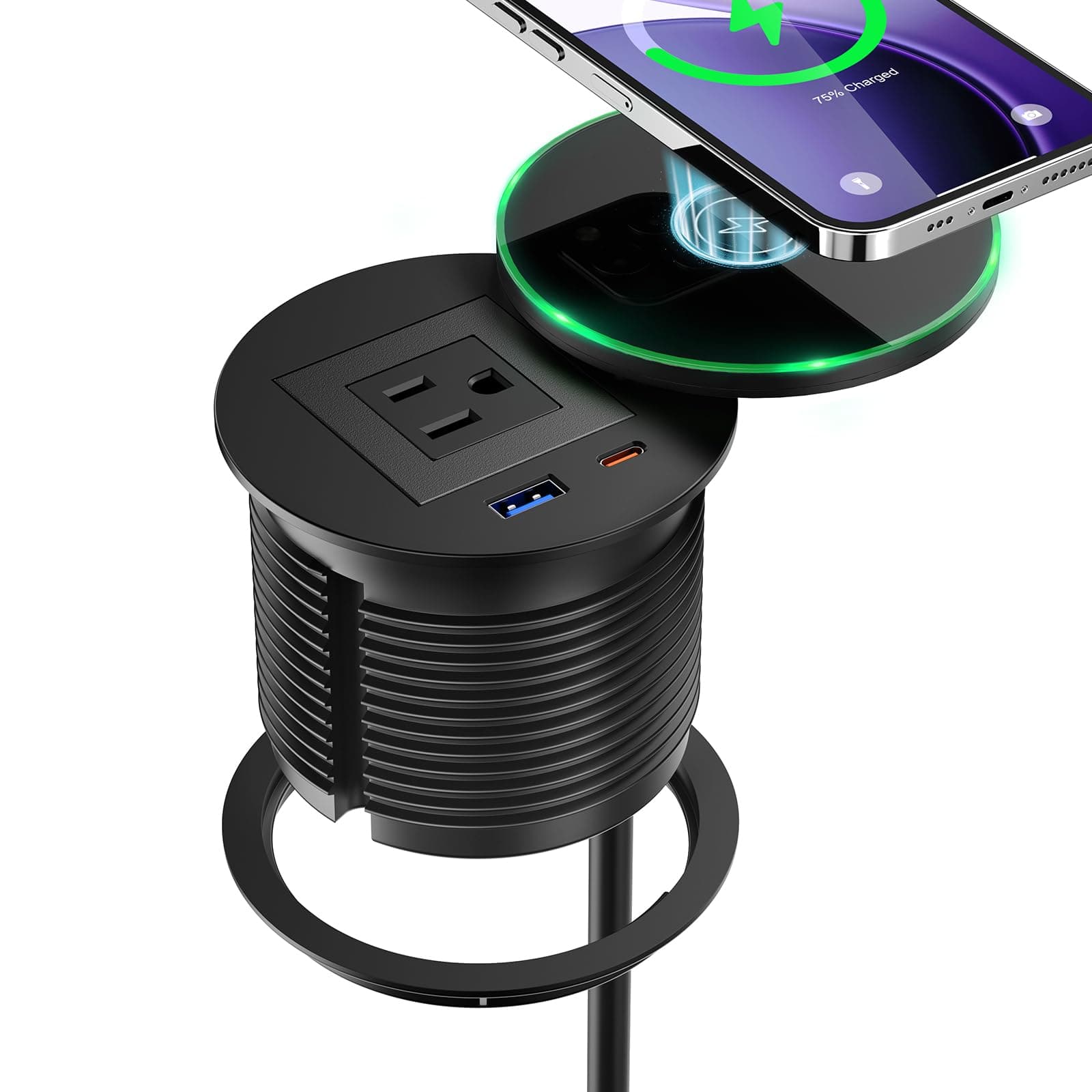 Desk Power Grommet with PD 30W USB C, 15W Wireless Recessed Power Outlets with 1 AC Plugs and 2 USB Ports, Hidden Power Strip for Office Kitchen Cabinet Conference Room