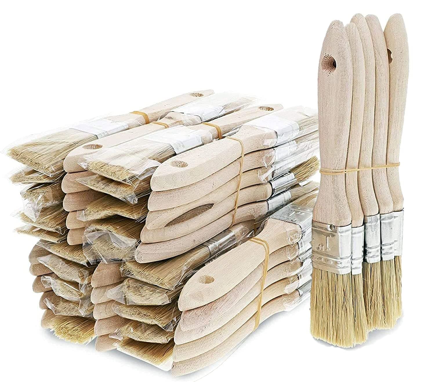 ASelected 50Pack 1 inch Chip Paint Brushes Set Flat Natural Bristle Disposable Paint Brushes with Wood Handle for Acrylic Paint, Stains, Varnishes, Watercolours, Furniture, Glues, Wall Painting, Gesso