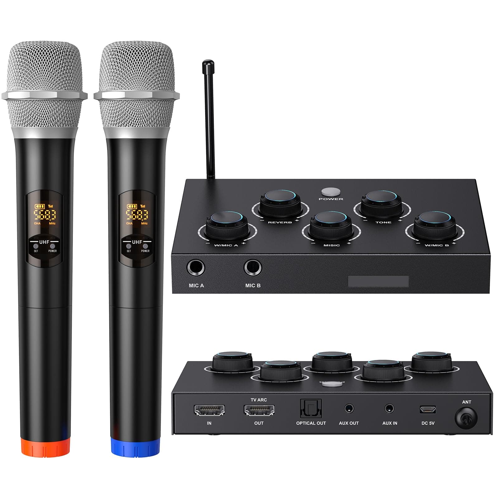 DIGITNOW!Portable Karaoke Wireless Microphone Mixer System Set, with Dual UHF Cordless Mic,HDMI-ARC/Optical/AUX & HDMI In/Out in Singing Receiver for Smart TV, PC,KTV,Home Theater,Amplifier, Speaker