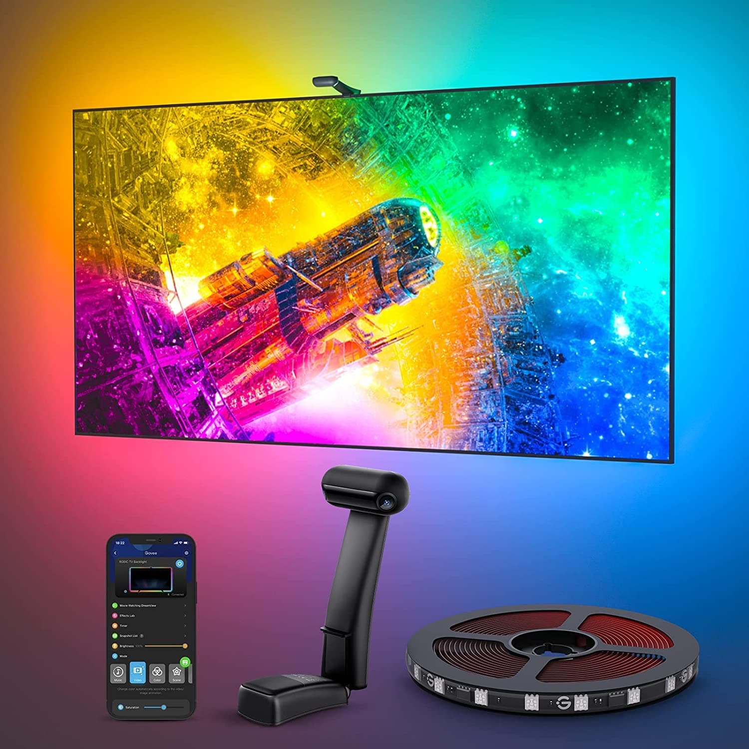 Envisual TV LED Backlight T2 with Dual Cameras, 11.8ft RGBIC Wi-Fi LED Strip Lights for 55-65 inch TVs, Double Strip Light Beads, for Home Decorations, Smart App Control, Music Sync