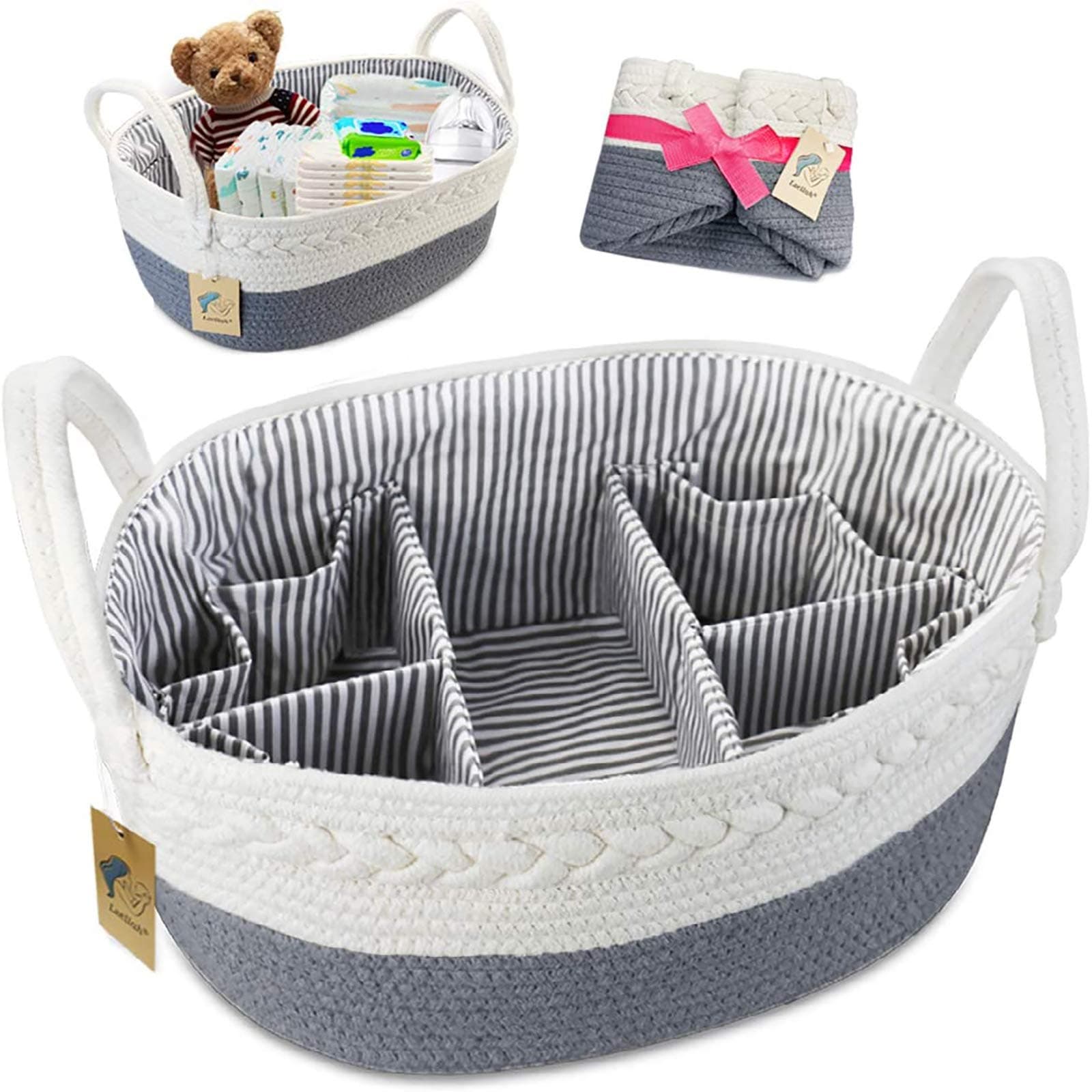 Baby Diaper Caddy Organizer - Extra Large Nappy Caddy Rope Nursery Storage Bin - Baby Basket with 8 Pockets, 5 Compartments and 2 Removable Dividers