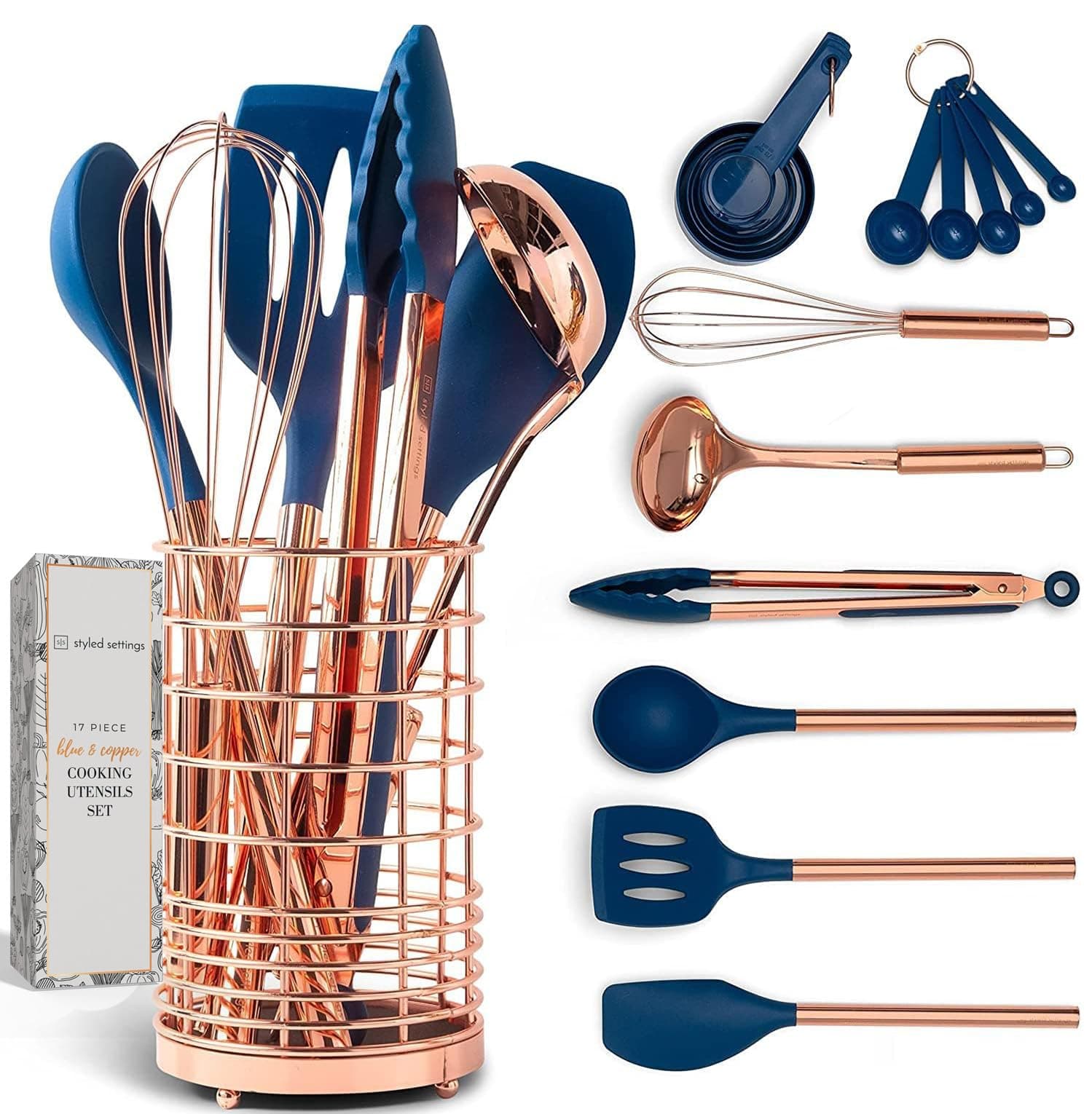Navy & Rose Gold Silicone Set with Holder, Blue & Copper