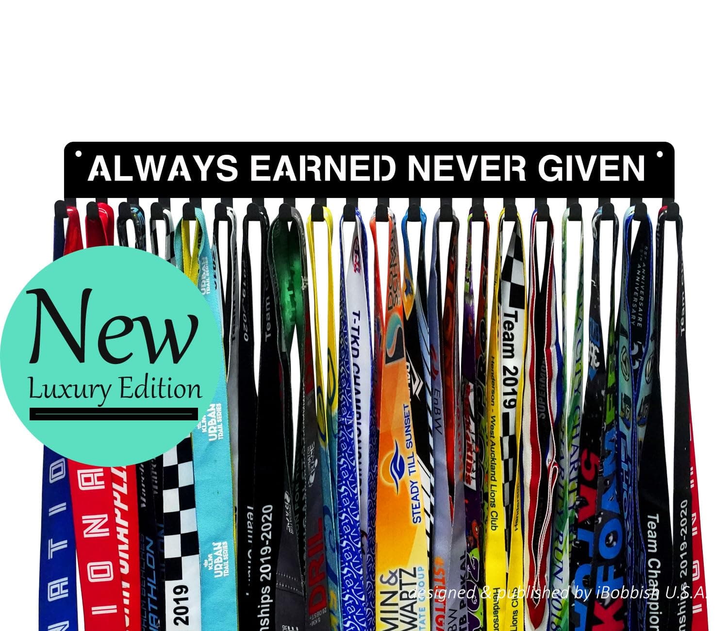 Premium Medal Display Hanger Never Give Up with 20 Hooks,Medal Hanger Display For Wall with 16inchL,race medal display Upgraded Medal Holder display with Simple Design For gymanstics,race,soccer,swim