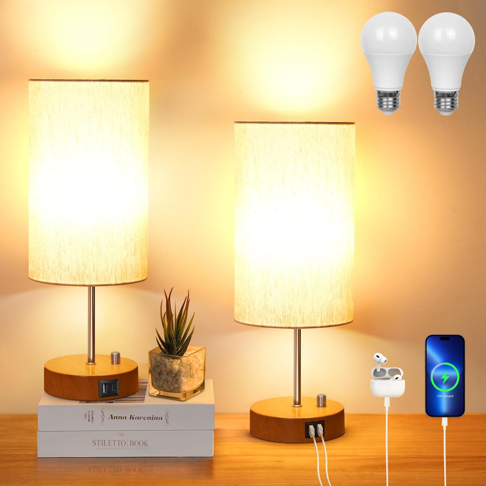 Ufanore Bedside Table Lamp, 2 Pack Bedroom Lamp with Rotary Switch, Dimmable Nightstand Lamp for Living Room, Dorm, Home, Office, Round Flaxen Fabric Shade & LED Bulbs Included