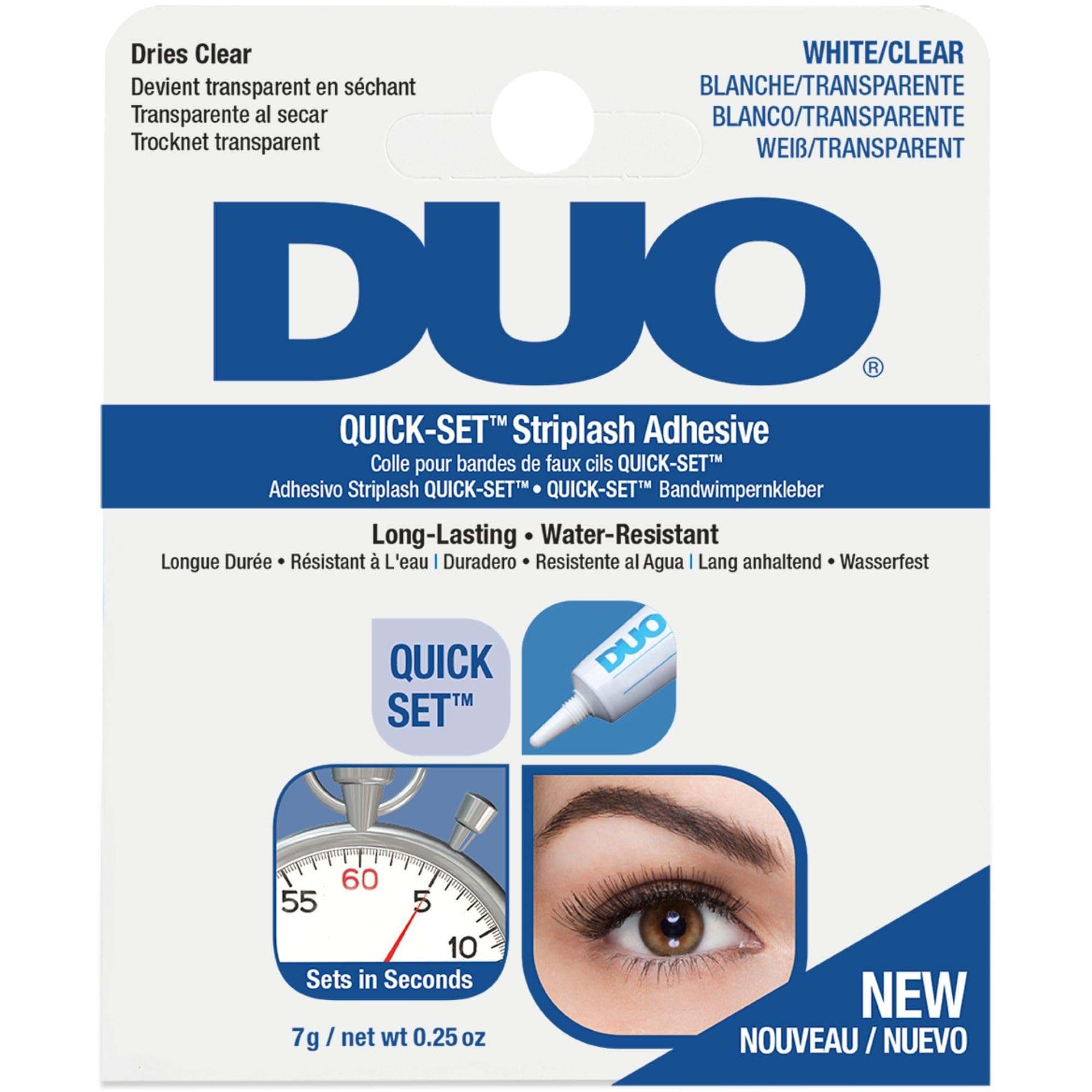 DUO Quick-Set Striplash Adhesive | Strong Eyelash Glue with Lightweight Formula | Professional Lash Glue for Eyelash Extensions, Cluster Lashes, & Individual Eyelashes | White/Clear, 0.25 Ounces