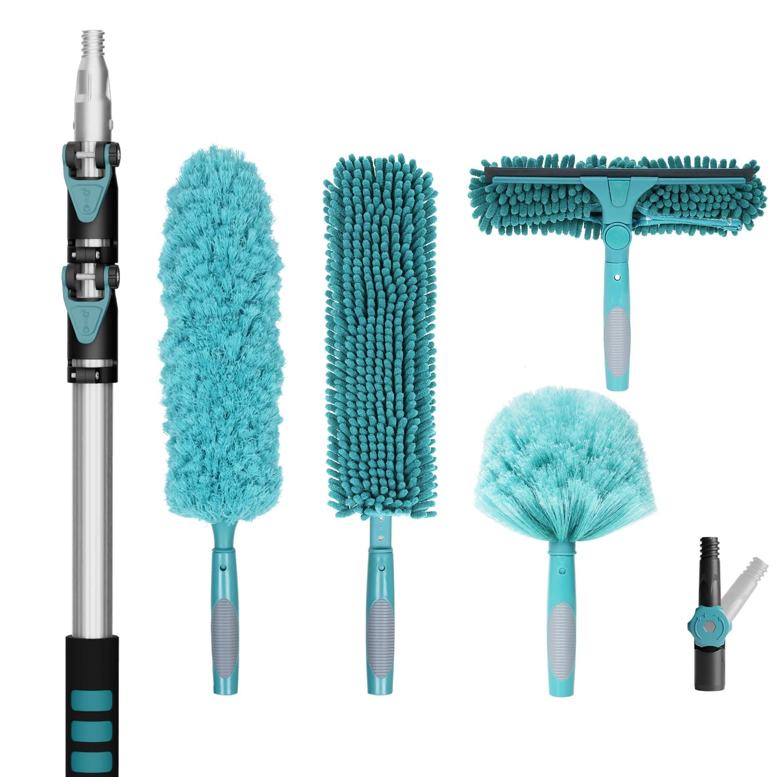 20 Foot High Reach Duster Kit with 5-12FT Extension Pole High Ceiling Dusting and Window Cleaning Kit with Telescopic Pole Window Washer&Squeegee,Cobweb Duster,Fan Duster and Feather Duster
