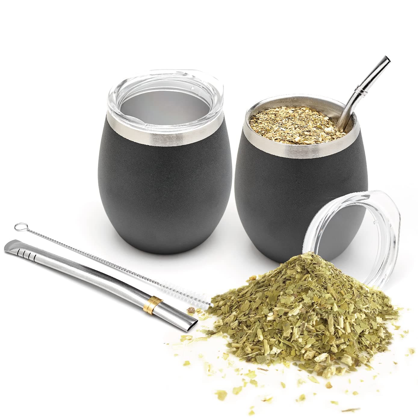 – Modern Mate Cup and Bombilla Set (Yerba Mate Cup) -Yerba Mate Set Includes Double Walled 18/8 Stainless Steel Mate Tea Cup, Two Bombilla Mate (Straw) and a Cleaning Brush (Black)