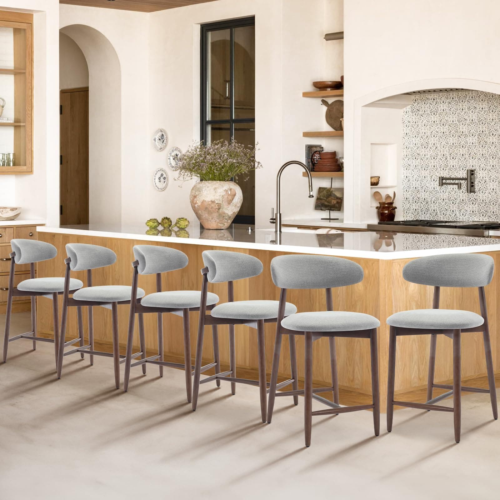 COLAMY Upholstered Counter Height Bar Stools Set of 6, Kitchen Island Stools with Back, Modern Counter Stools Island Bar Chairs with Wood Legs for Kitchen Island Dining Room Bar, Light Grey