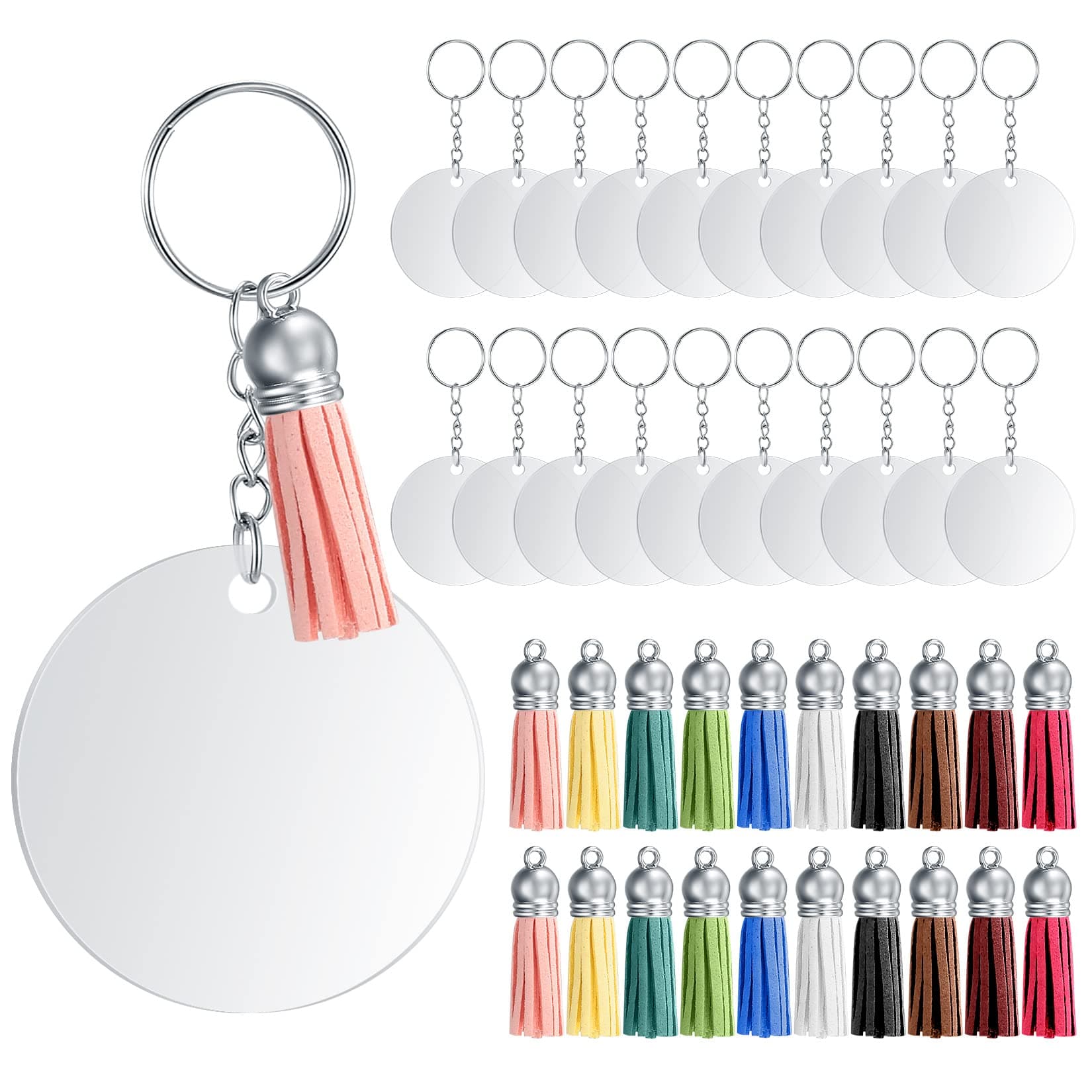 80 Pcs Acrylic Circle Blanks Keyring with Tassels Set, with Round Acrylic Transparent Circle Disc, Key Rings, with Keychain Jump Rings, Colourful Tassels, for DIY Crafts, Keyring Making
