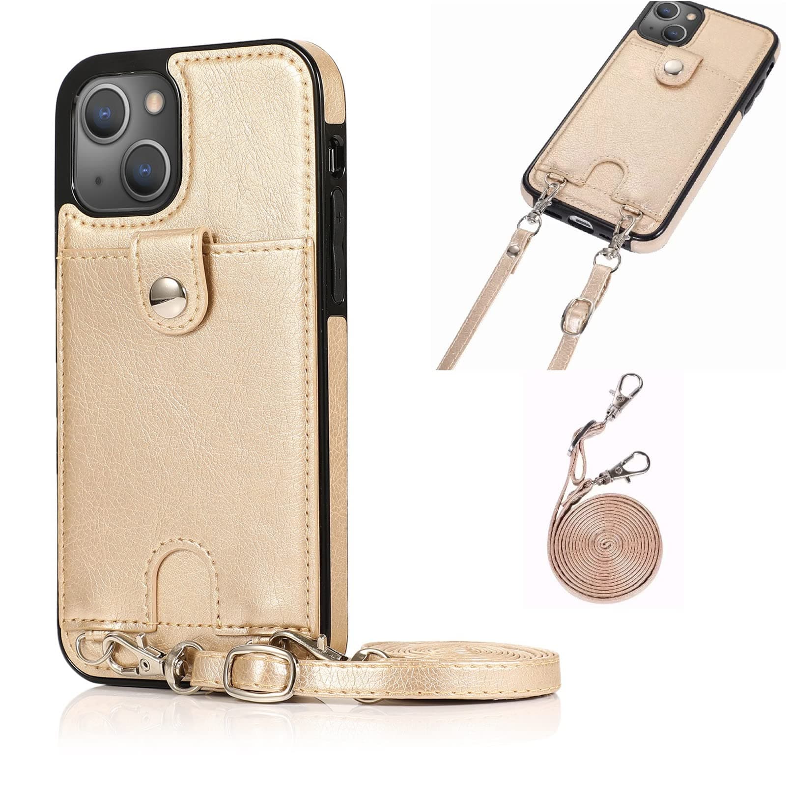 Jaorty PU Leather Wallet Case for iPhone 13 Mini Removable Adjustable Crossbody Necklace Lanyard Shoulder Strap Case with Card Holder,Detachable Anti-Lost Neck Strap for iPhone 13 Mini 5.4",Gold