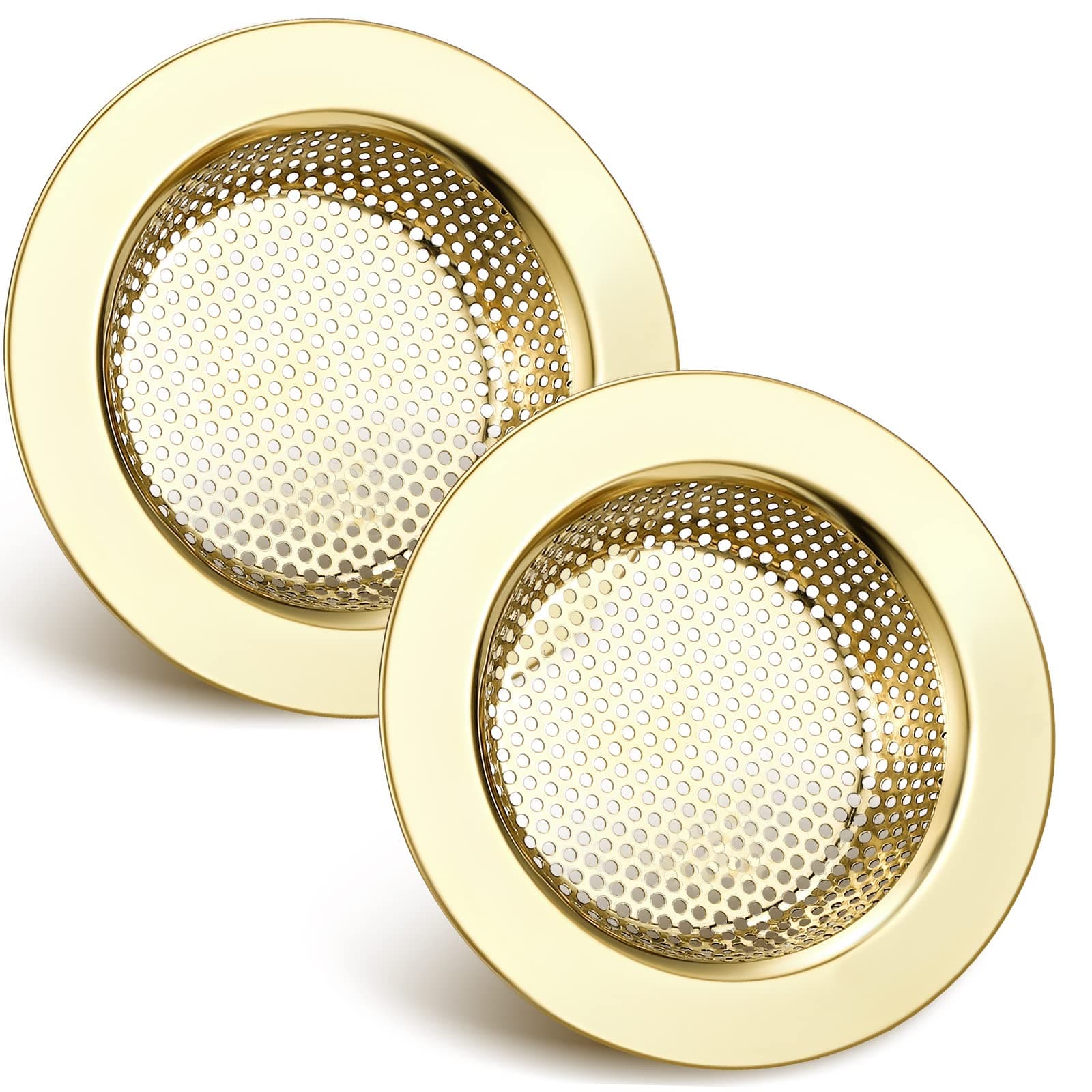 Retisee 2 Pcs Sink Strainer Stainless Steel Kitchen Sink Drain Strainer Mesh Sink Drain Basket Cover Hair Catcher Sink Strainers for Kitchen Sink, Large Wide Rim of 4.4 Diameter(Gold)