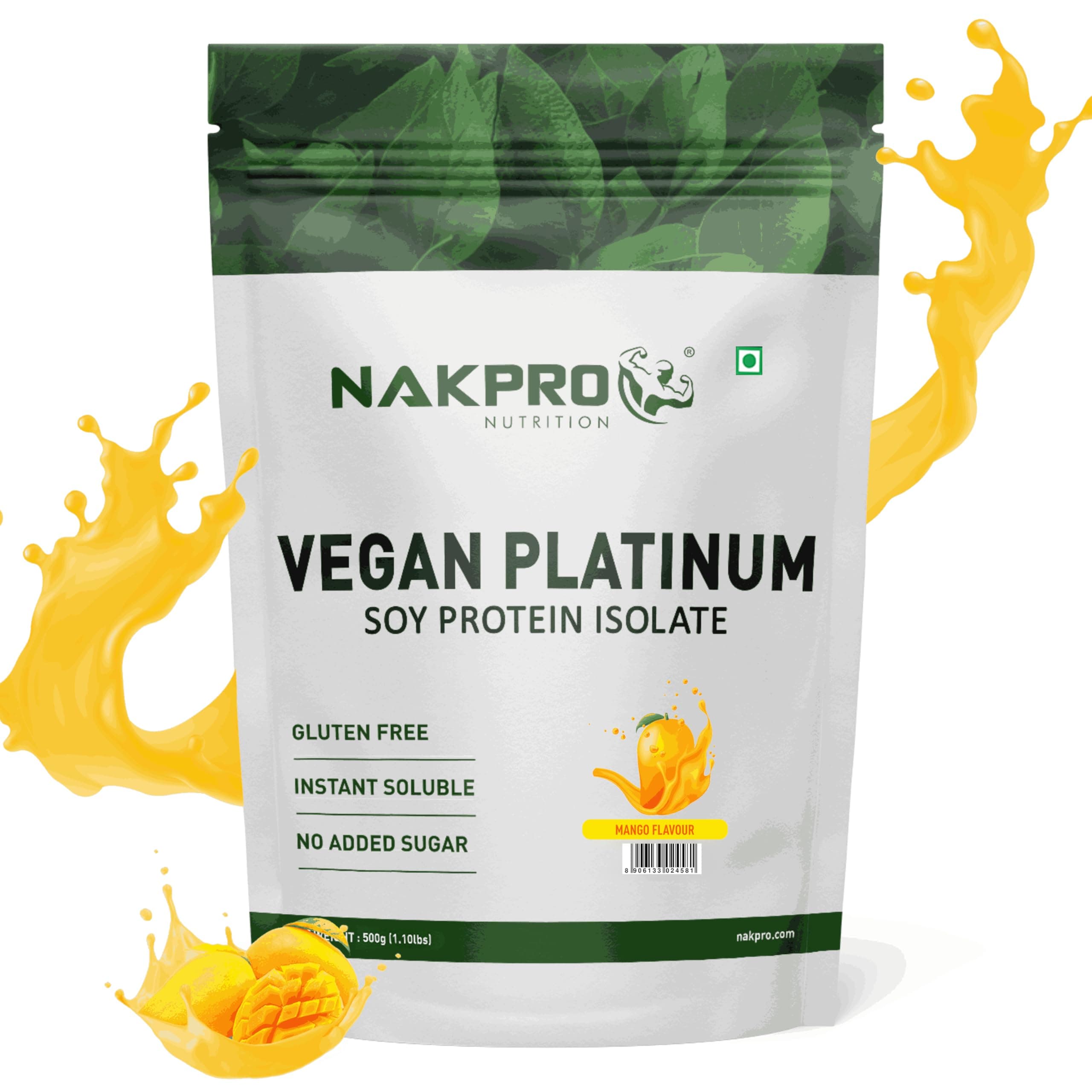 NAKPRO Soy Protein Isolate 90% | Raw & Vegetarian Plant Protein Supplement Powder (Mango, 500g)