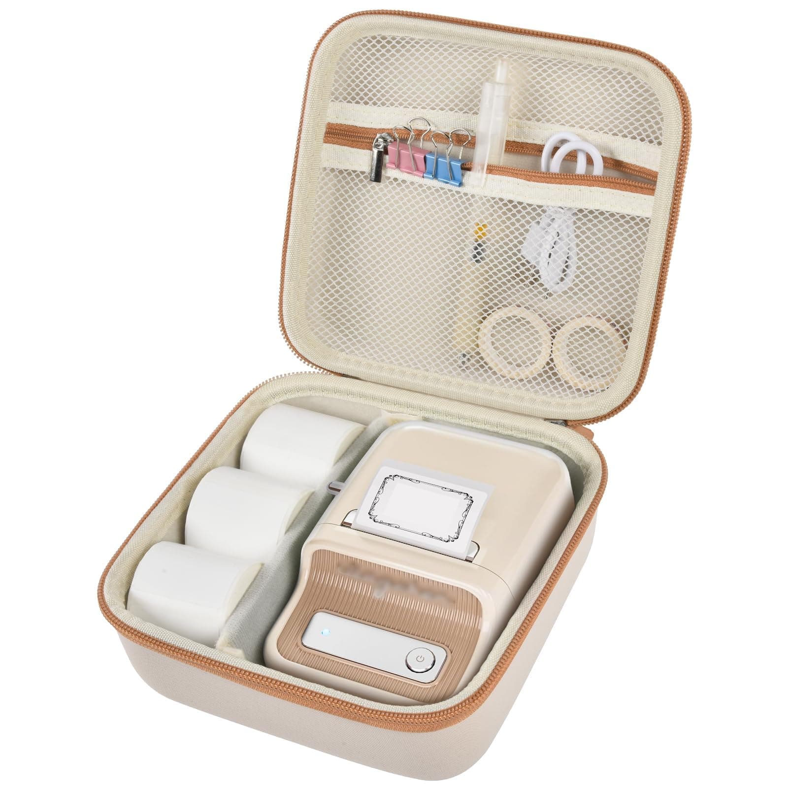 Case Compatible with NIIMBOT B21 / Pro / B1 Label Maker Wireless Thermal Label Printer, Holder for Inkless Label Maker & Labeling Tapes Refills, with Mesh Pocket for Cable Accessories (Beige)