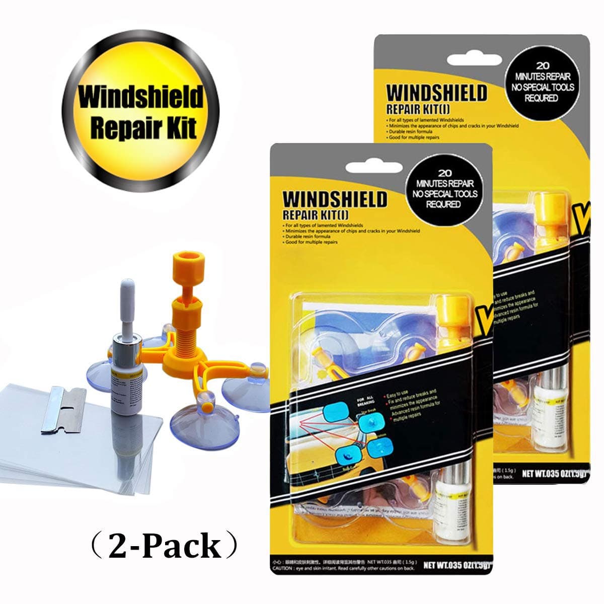 GLISTON Car Windshield Repair Kit for Chips and Cracks, Bulls-Eye, Star-Shaped, Nicks, Half-Moon Crescents, 2Pack