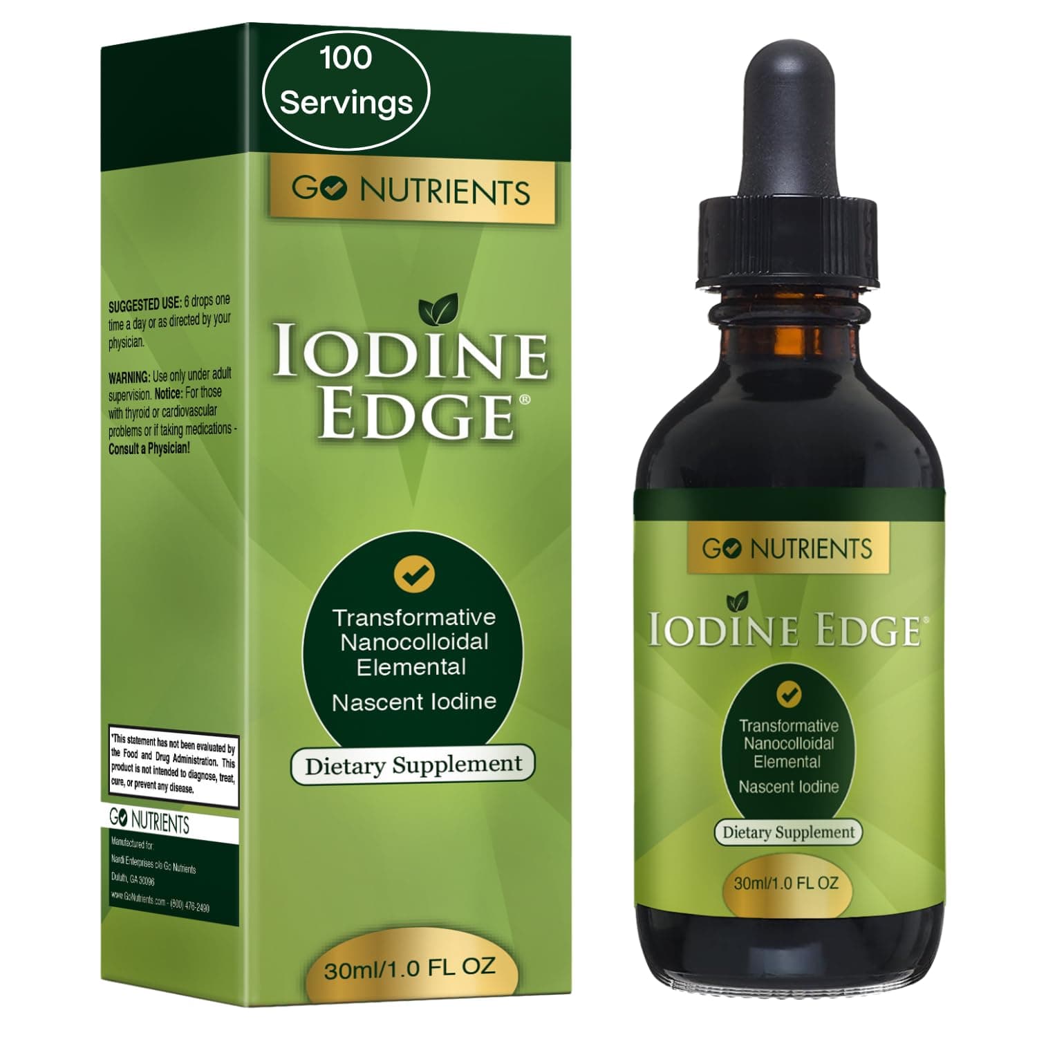 Go Nutrients Iodine Edge – Organic Nascent Iodine Liquid Supplement for Thyroid Support, Energy, Immune & Cognitive Health – High Absorption Drops - Natural Tincture for Women & Men – 1 oz